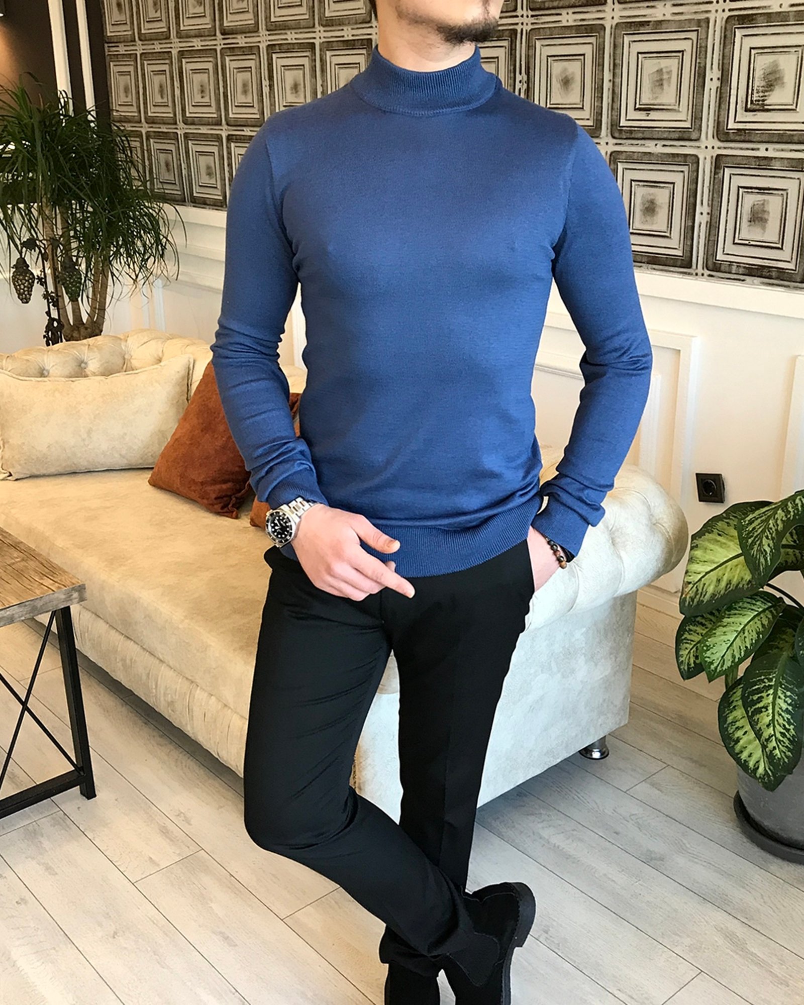 İtalyan stil slim fit erkek yarım balıkçıl yaka triko kazak İndigo T5222