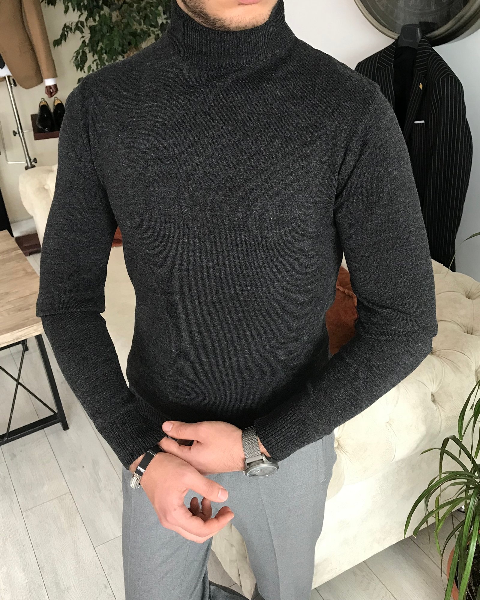 İtalyan stil slim fit erkek yarım balıkçıl yaka triko kazak antrasit T6545