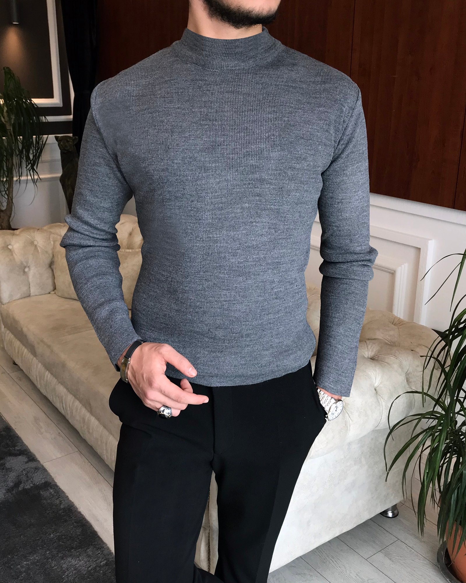 İtalyan stil slim fit erkek yarım balıkçıl yaka triko kazak Gri T6436