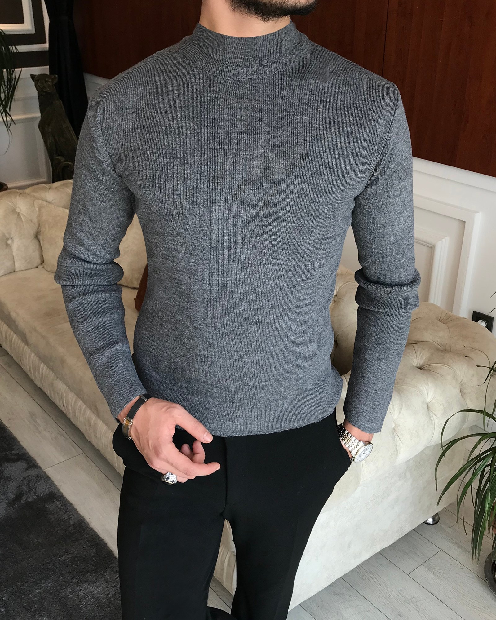 İtalyan stil slim fit erkek yarım balıkçıl yaka triko kazak Gri T6436