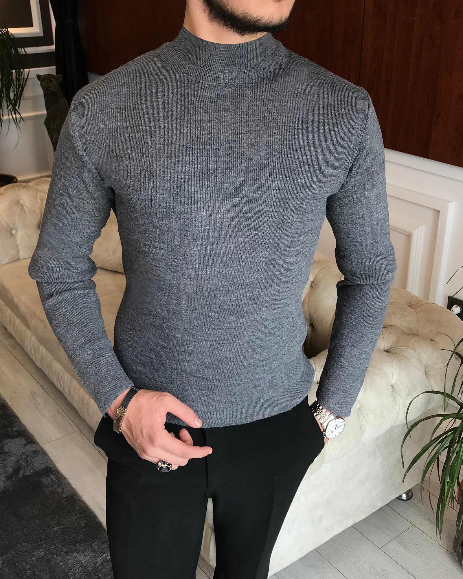 İtalyan stil slim fit erkek yarım balıkçıl yaka triko kazak Gri T6436