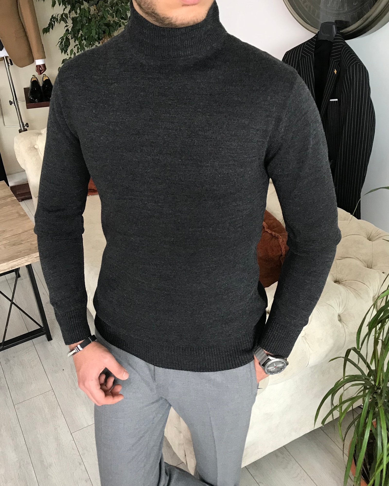 İtalyan stil slim fit erkek yarım balıkçıl yaka triko kazak antrasit T6545