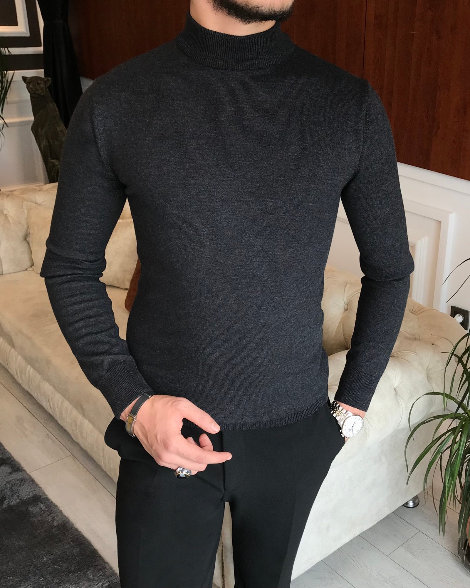İtalyan stil slim fit erkek yarım balıkçıl yaka triko kazak antrasit T6545