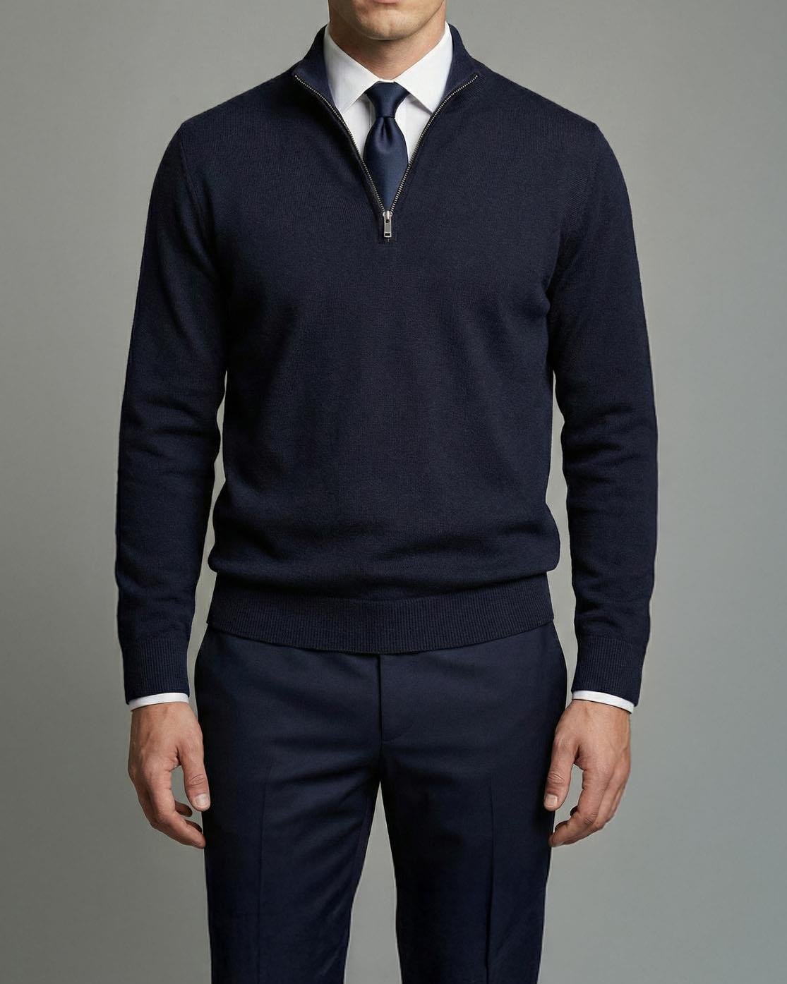 İtalyan stil slim fit erkek yarım boğazlı fermuarlı triko kazak lacivert T13110