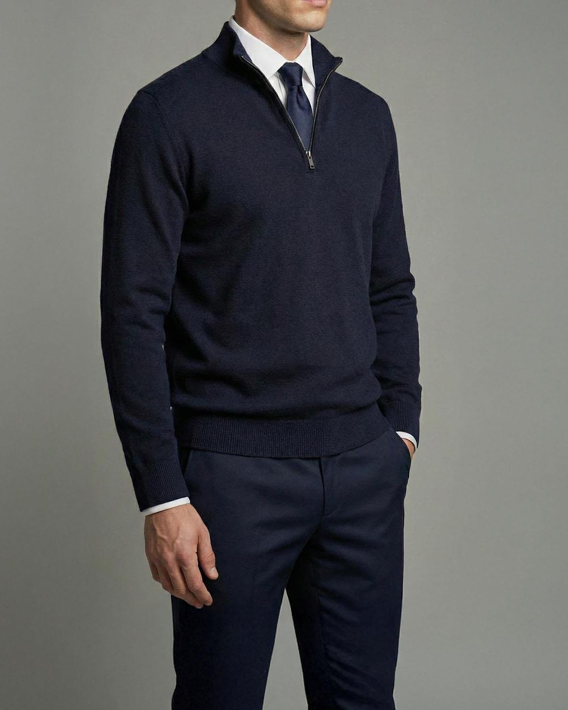 İtalyan stil slim fit erkek yarım boğazlı fermuarlı triko kazak lacivert T13110