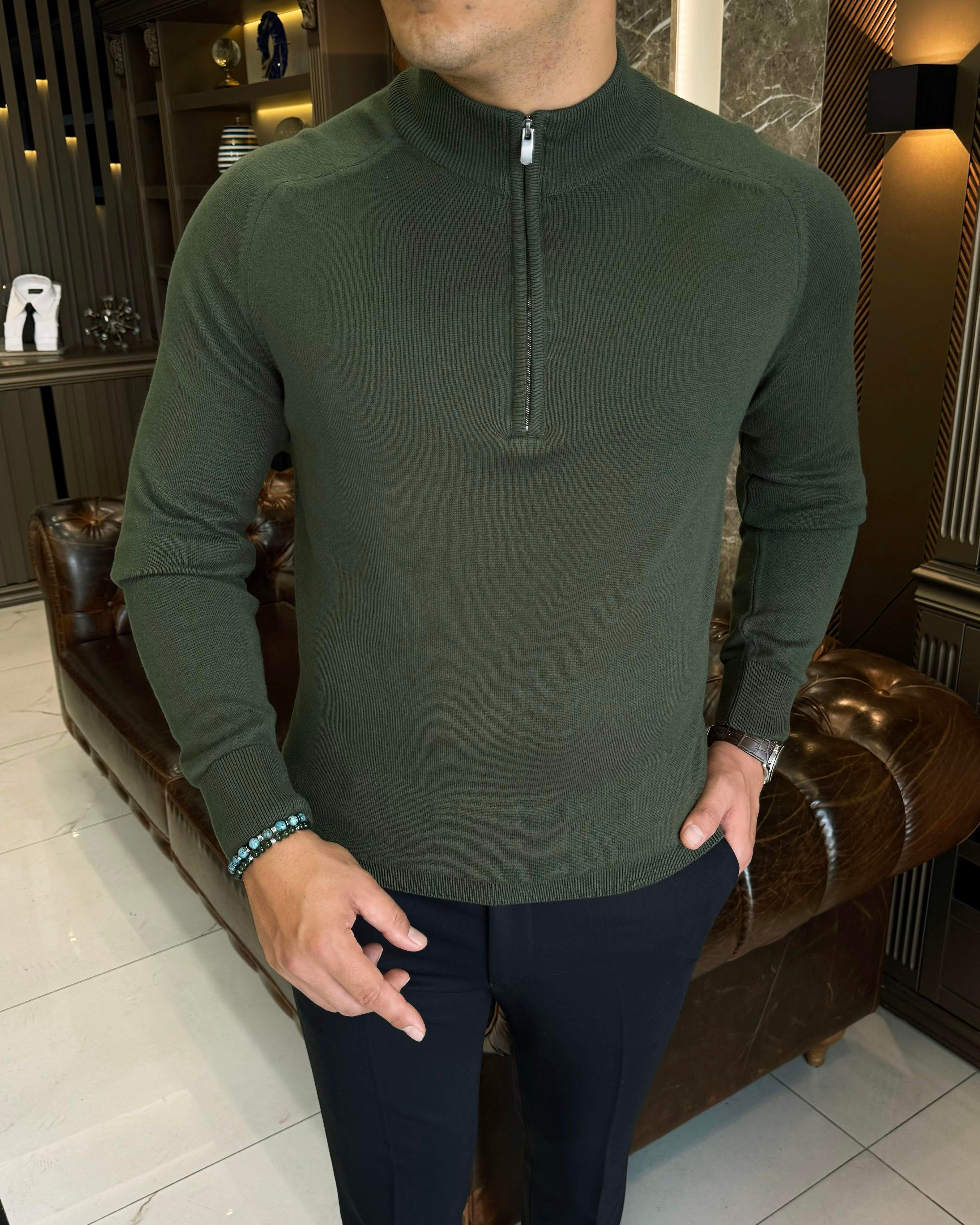 İtalyan stil slim fit erkek yarım boğazlı fermuarlı triko kazak yeşil  T13105