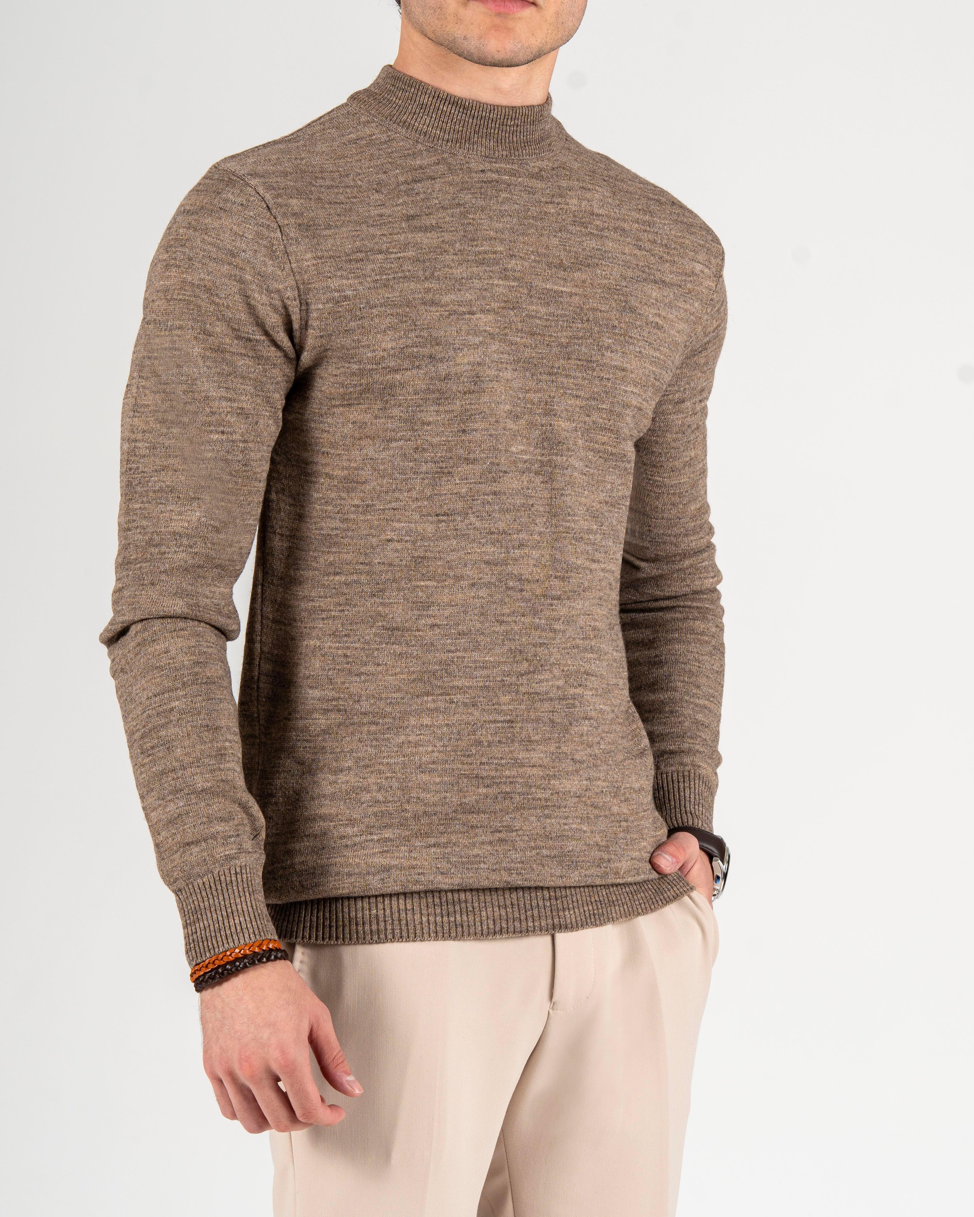 İtalyan stil slim fit erkek yarım boğazlı triko kazak kahverengi T13112