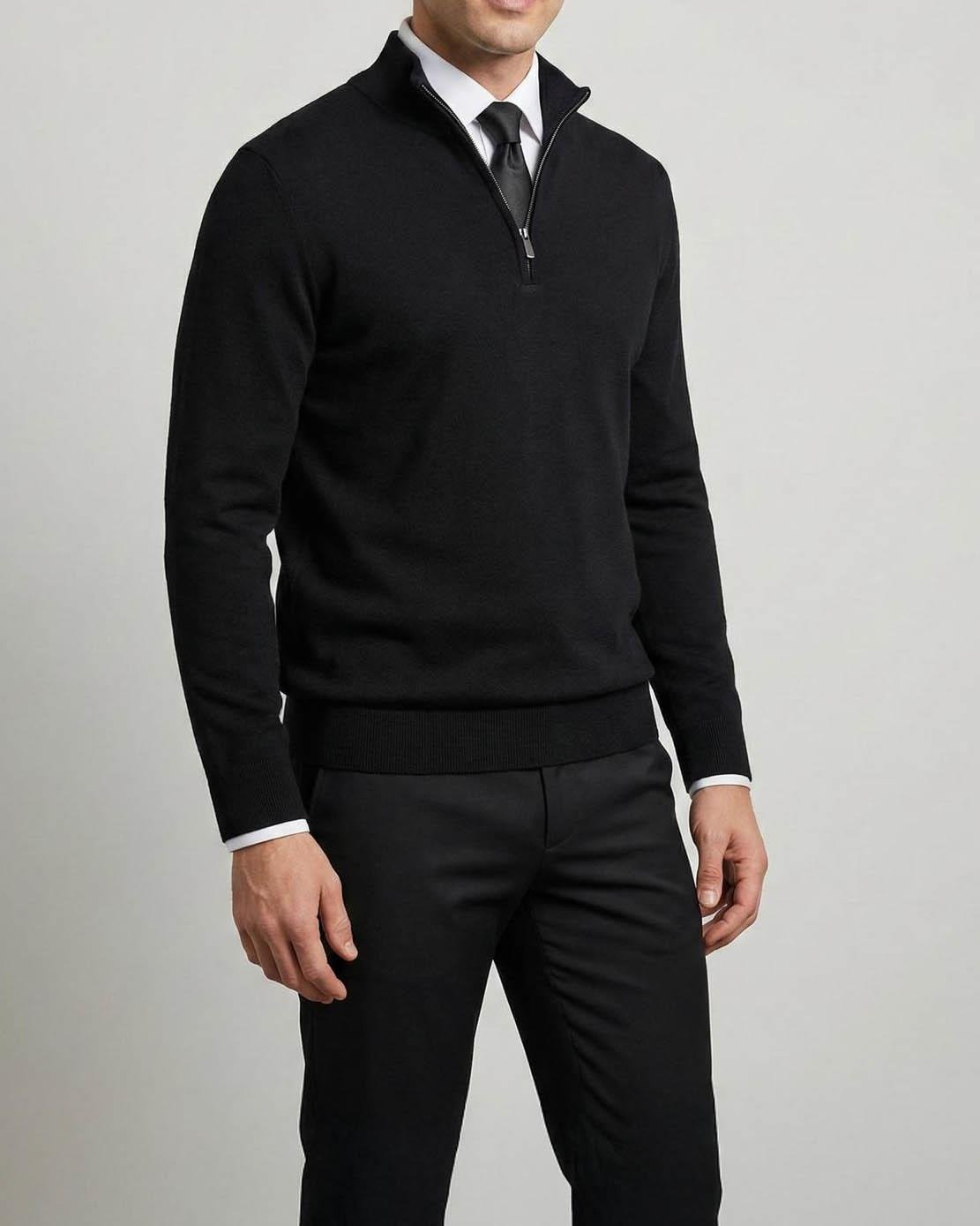 İtalyan stil slim fit erkek yarım boğazlı fermuarlı triko kazak siyah T13109