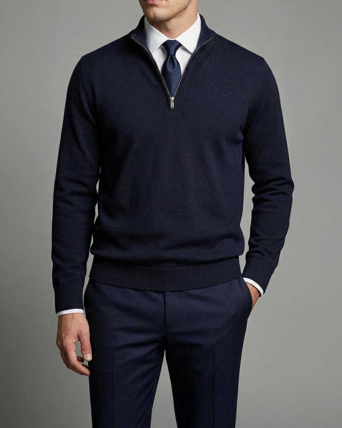 İtalyan stil slim fit erkek yarım boğazlı fermuarlı triko kazak lacivert T13110