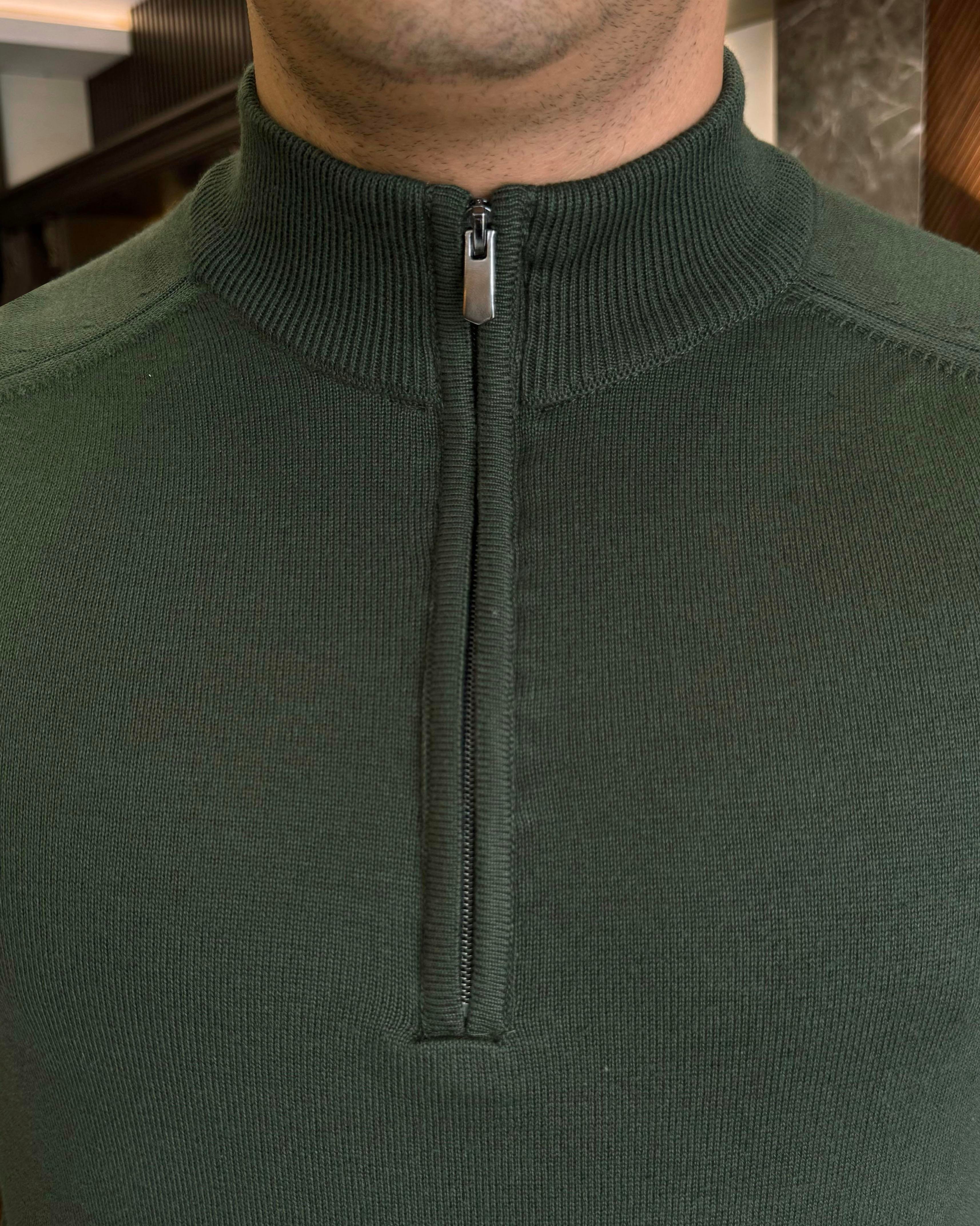İtalyan stil slim fit erkek yarım boğazlı fermuarlı triko kazak yeşil  T13105