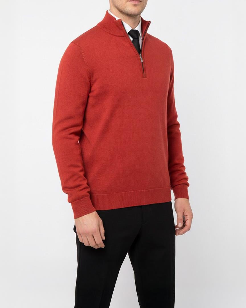 İtalyan stil slim fit erkek yarım boğazlı fermuarlı triko kazak kırmızı T13108