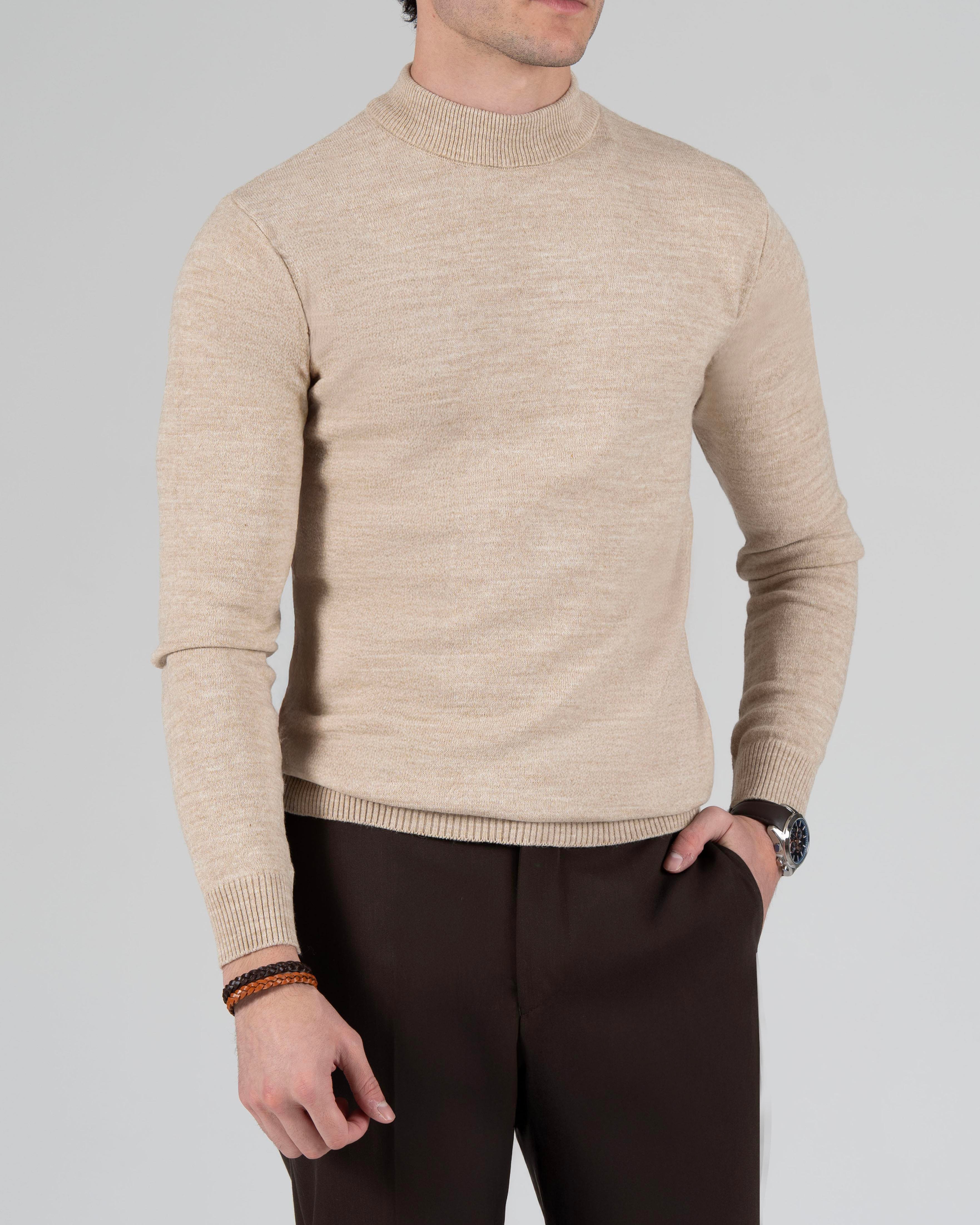 İtalyan stil slim fit erkek yarım boğazlı triko kazak bej T13113