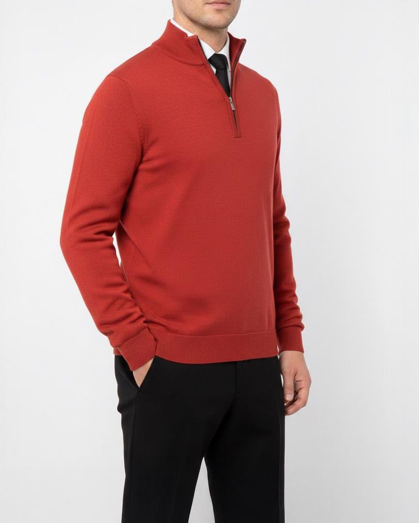 İtalyan stil slim fit erkek yarım boğazlı fermuarlı triko kazak kırmızı T13108