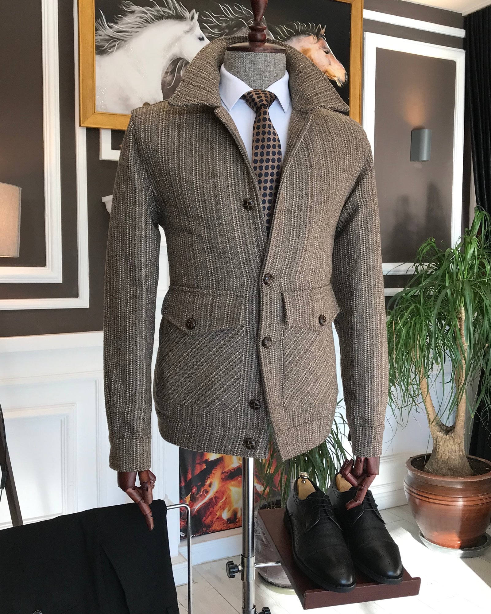 İtalyan stil slim fit erkek yün mont ceket Kahverengi T6842