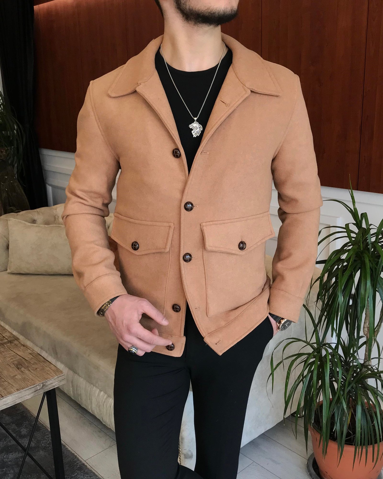 İtalyan stil slim fit erkek yün mont ceket Camel T6748