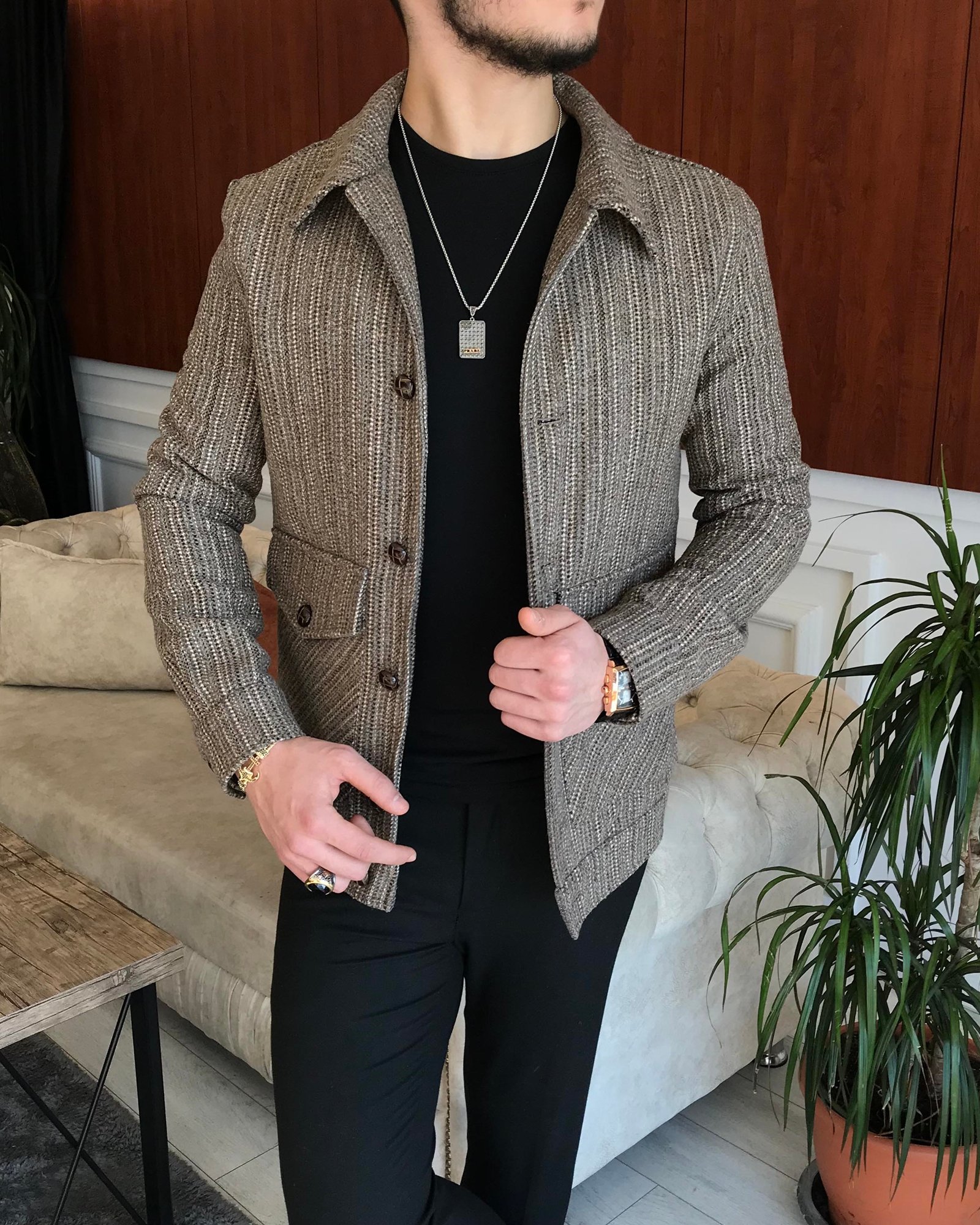 İtalyan stil slim fit erkek yün mont ceket Kahverengi T6842