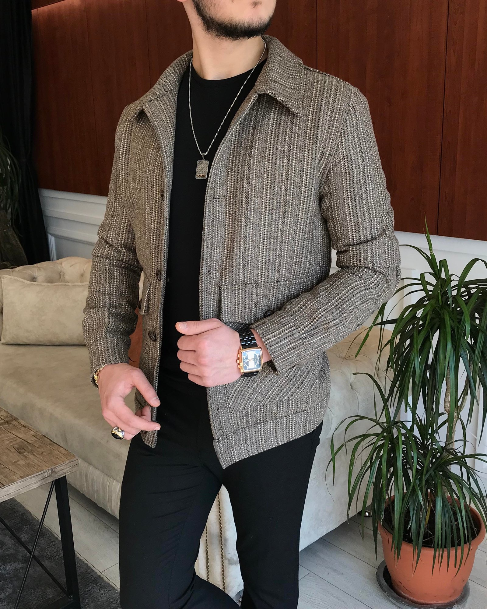 İtalyan stil slim fit erkek yün mont ceket Kahverengi T6842