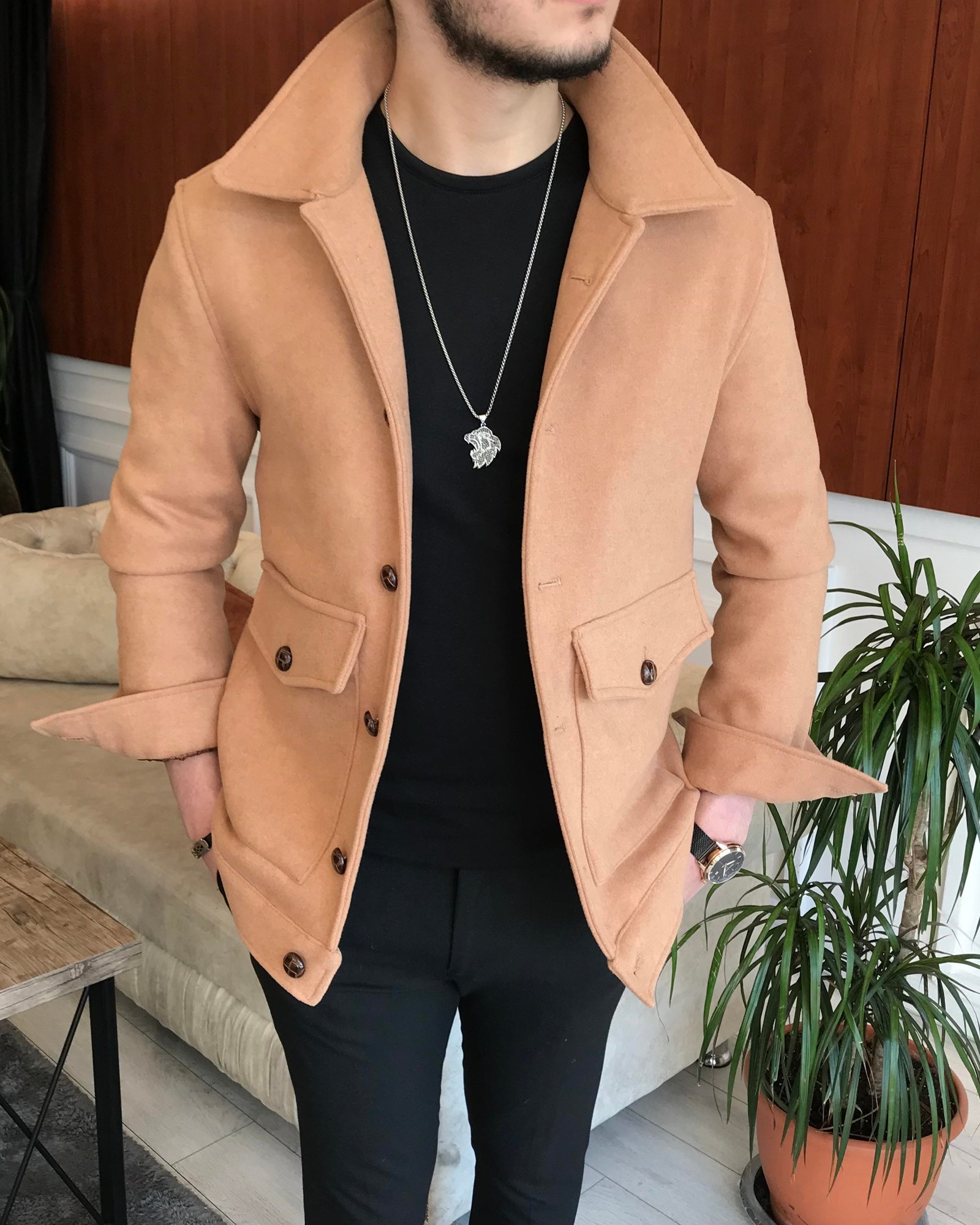 İtalyan stil slim fit erkek yün mont ceket Camel T6748