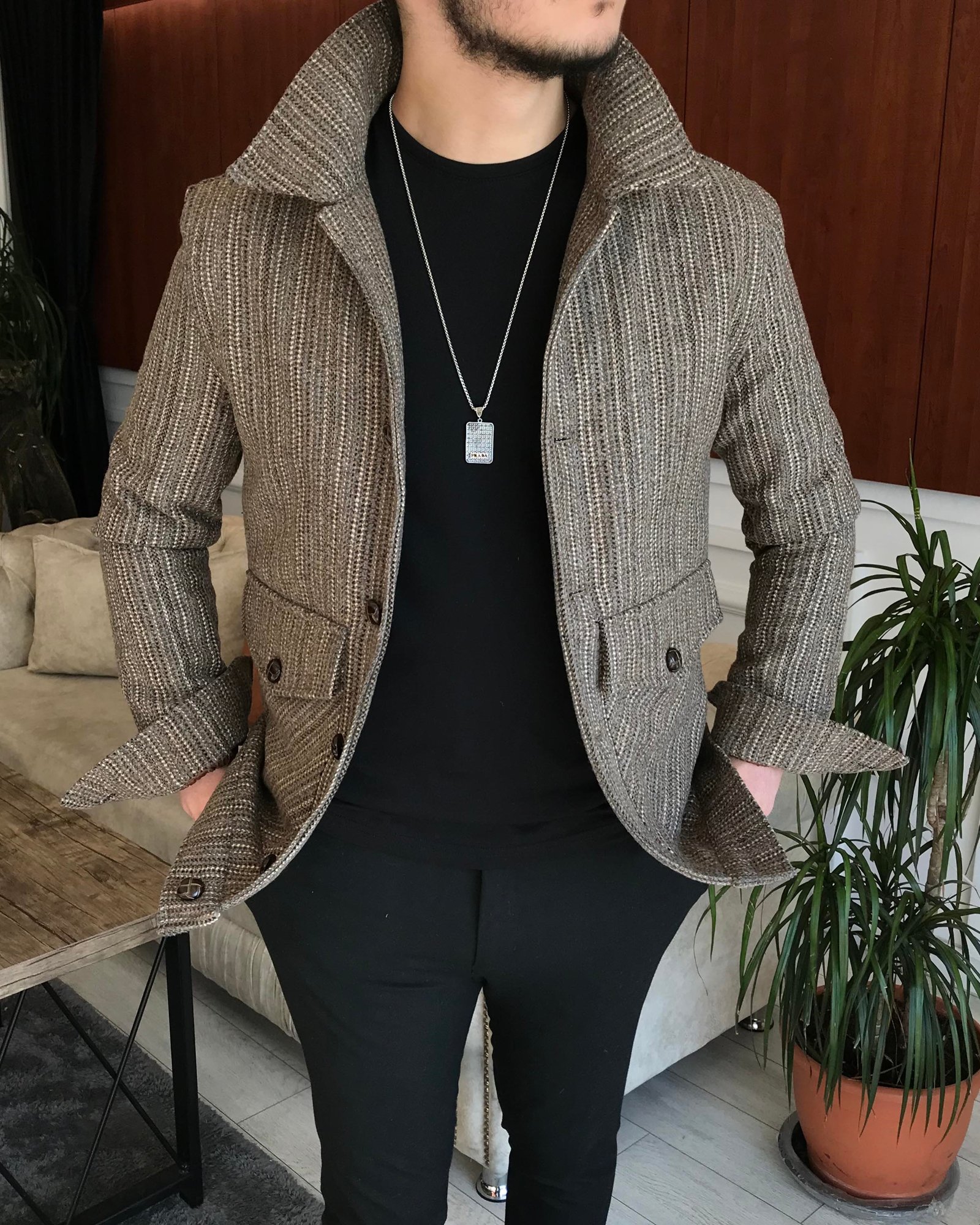 İtalyan stil slim fit erkek yün mont ceket Kahverengi T6842