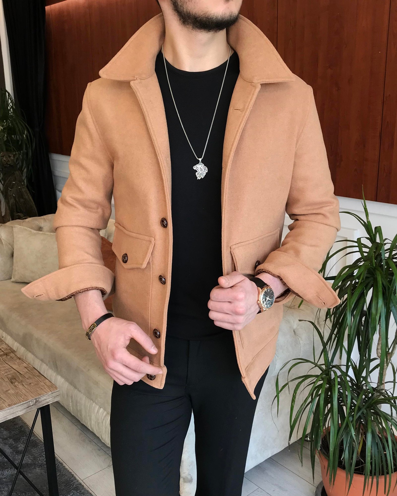 İtalyan stil slim fit erkek yün mont ceket Camel T6748
