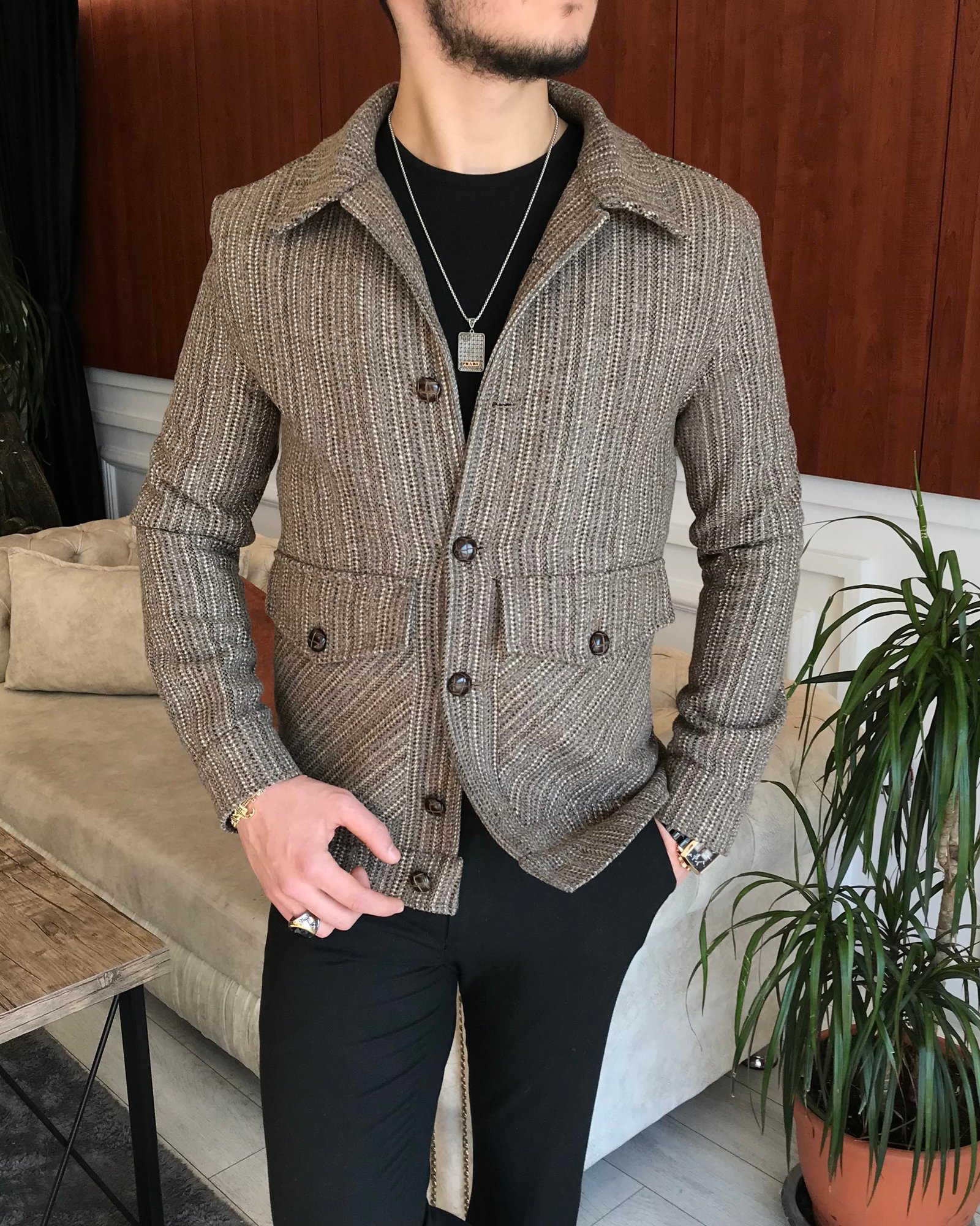 İtalyan stil slim fit erkek yün mont ceket Kahverengi T6842