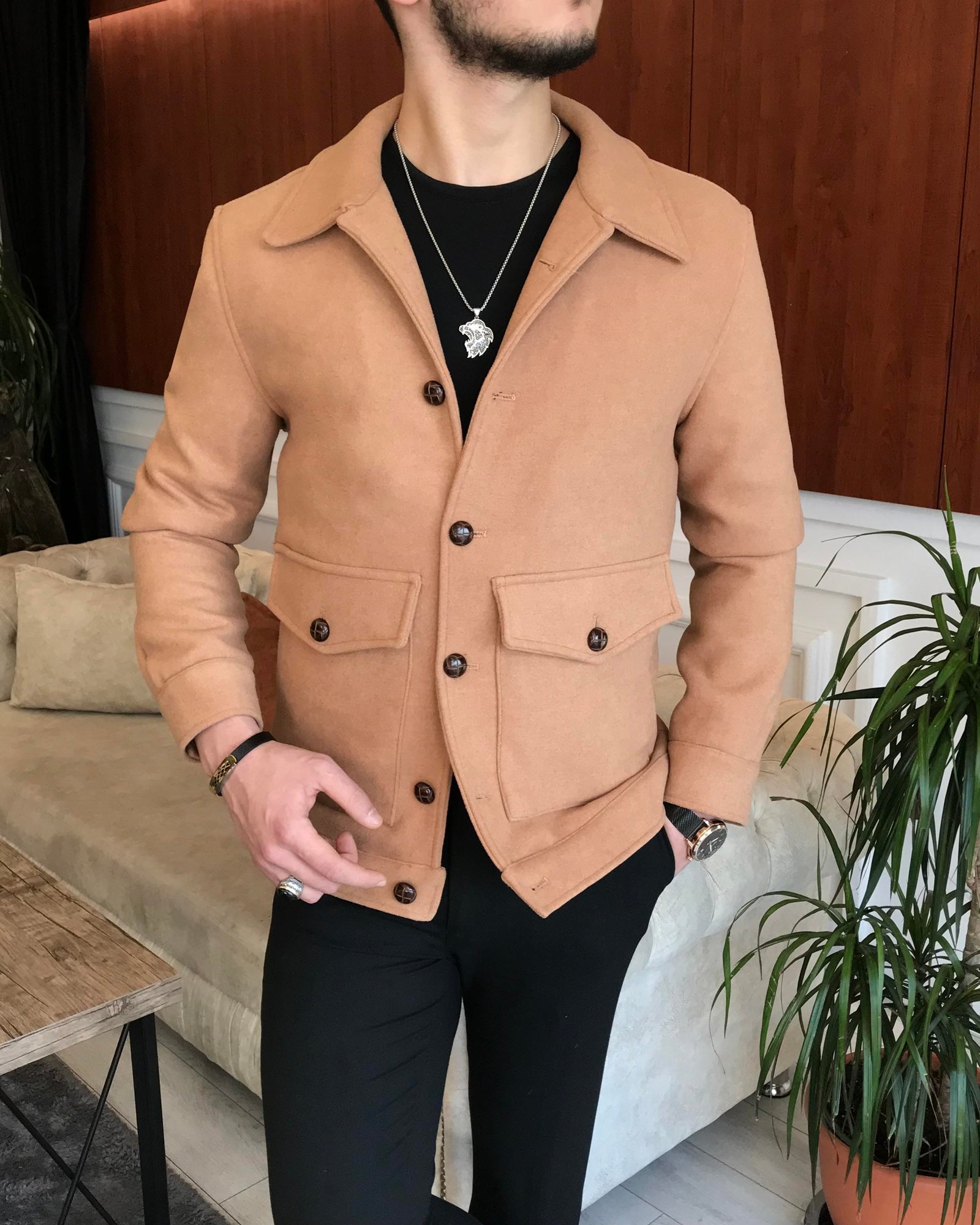 İtalyan stil slim fit erkek yün mont ceket Camel T6748