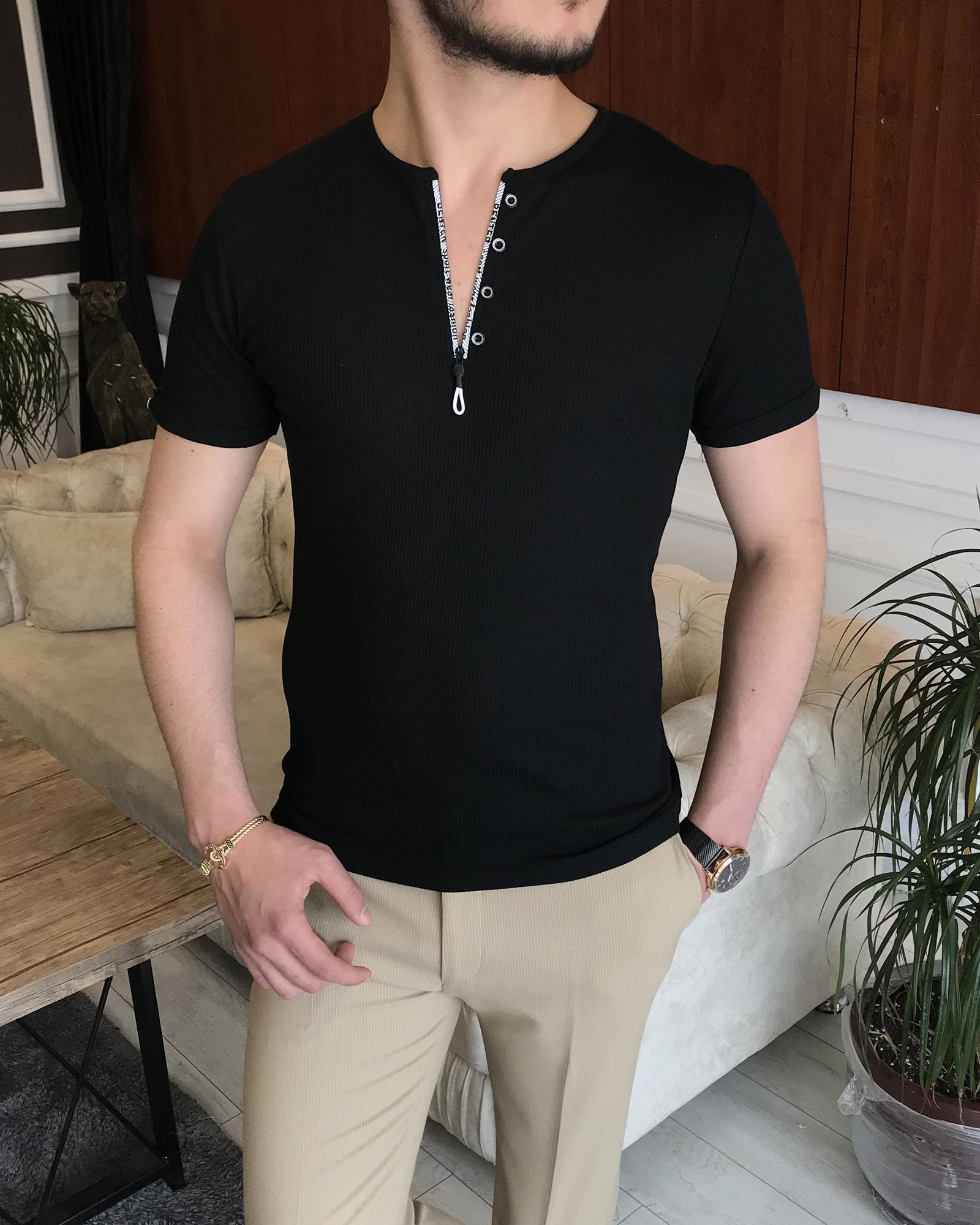 İtalyan stil slim fit fermuarlı kısa kollu pamuk triko tişört Siyah T7418
