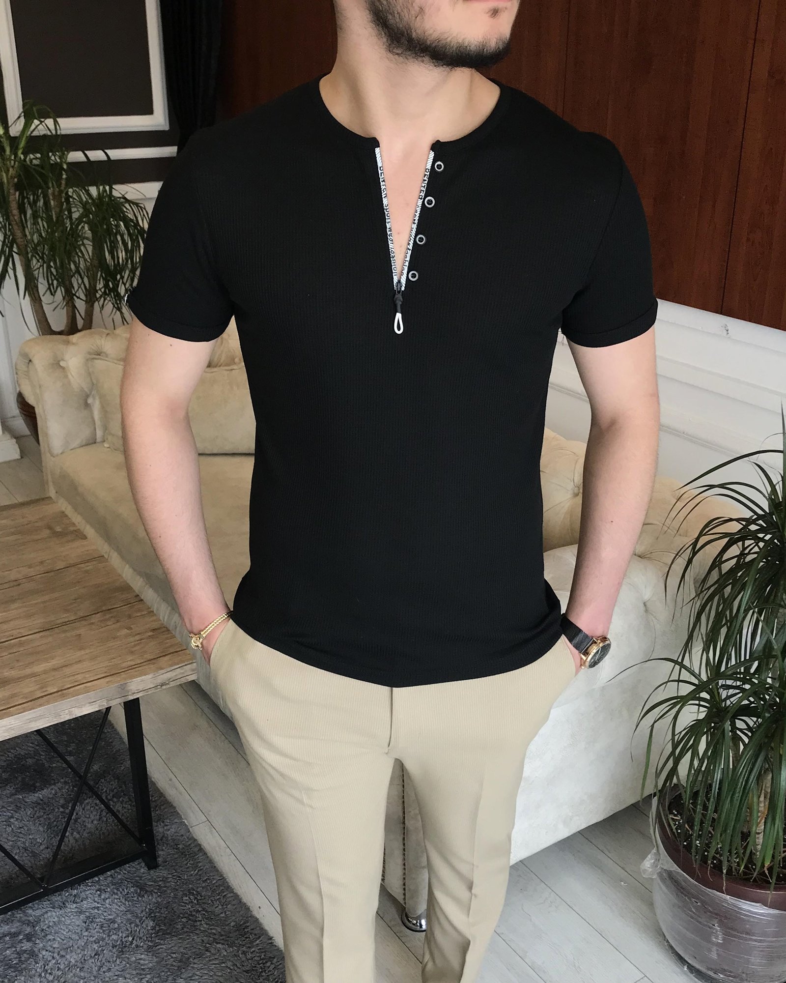 İtalyan stil slim fit fermuarlı kısa kollu pamuk triko tişört Siyah T7418
