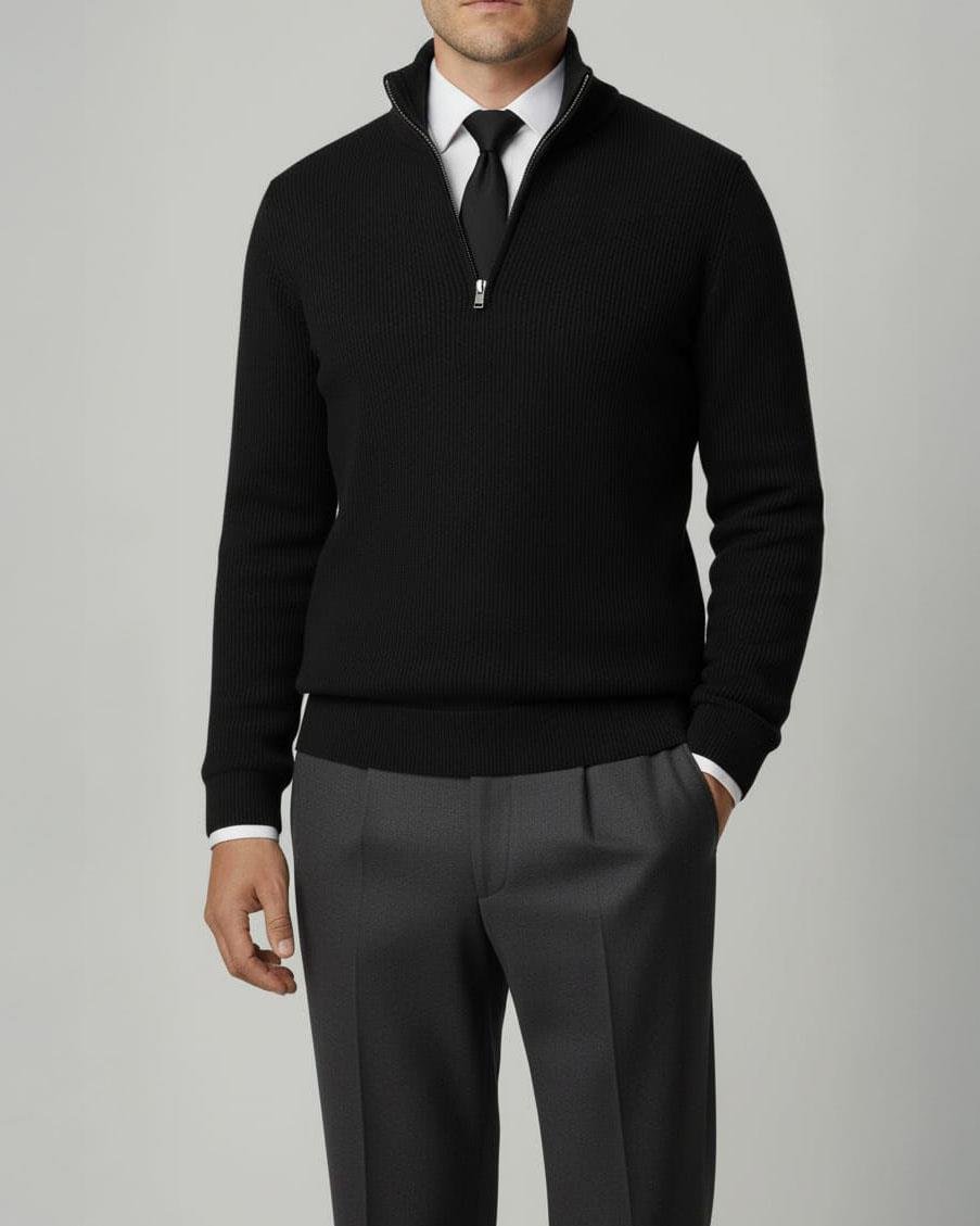 İtalyan stil slim fit fermuarlı yarım balıkçıl triko erkek kazak siyah T13262