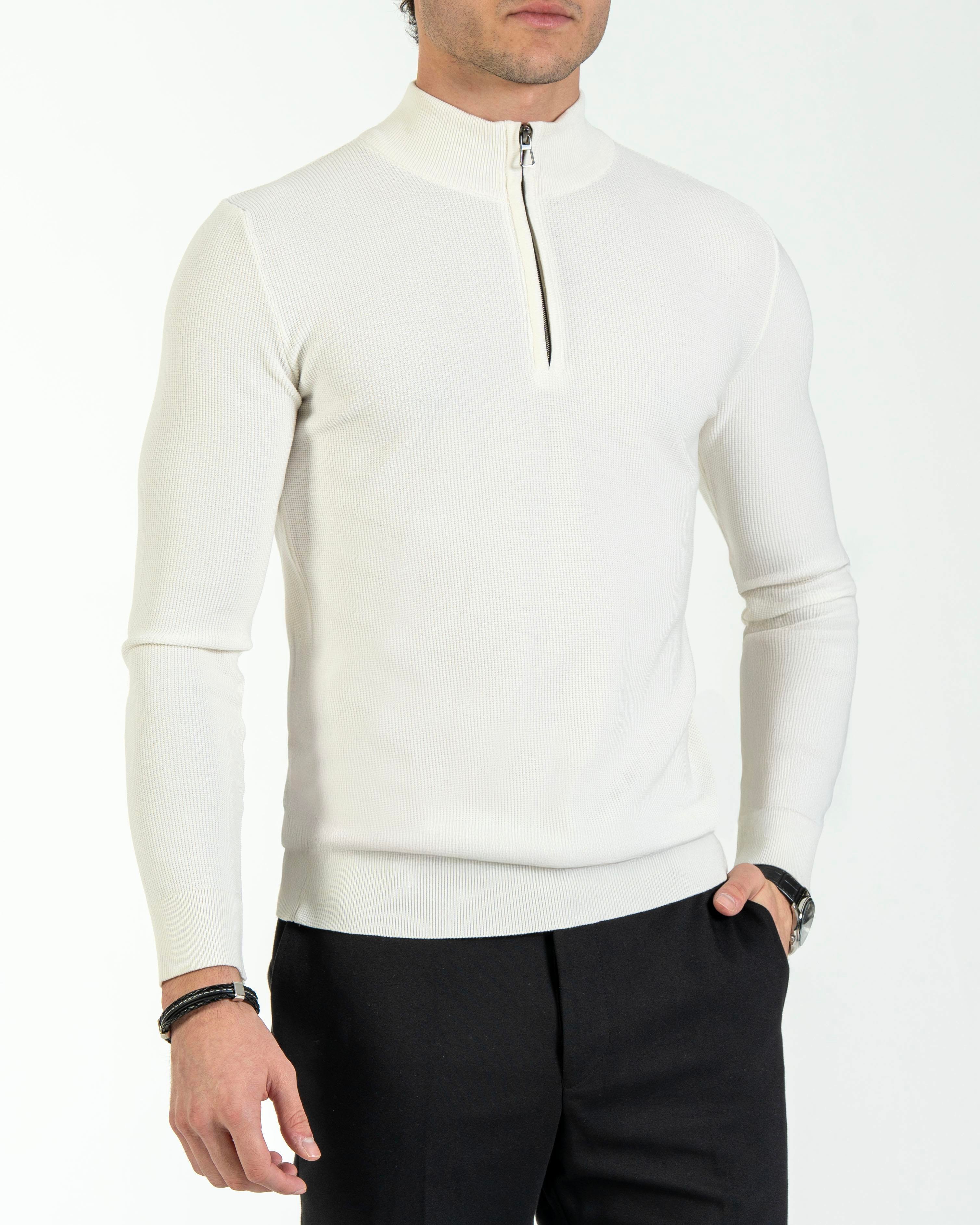 İtalyan stil slim fit fermuarlı yarım balıkçıl triko erkek kazak ekru T13532