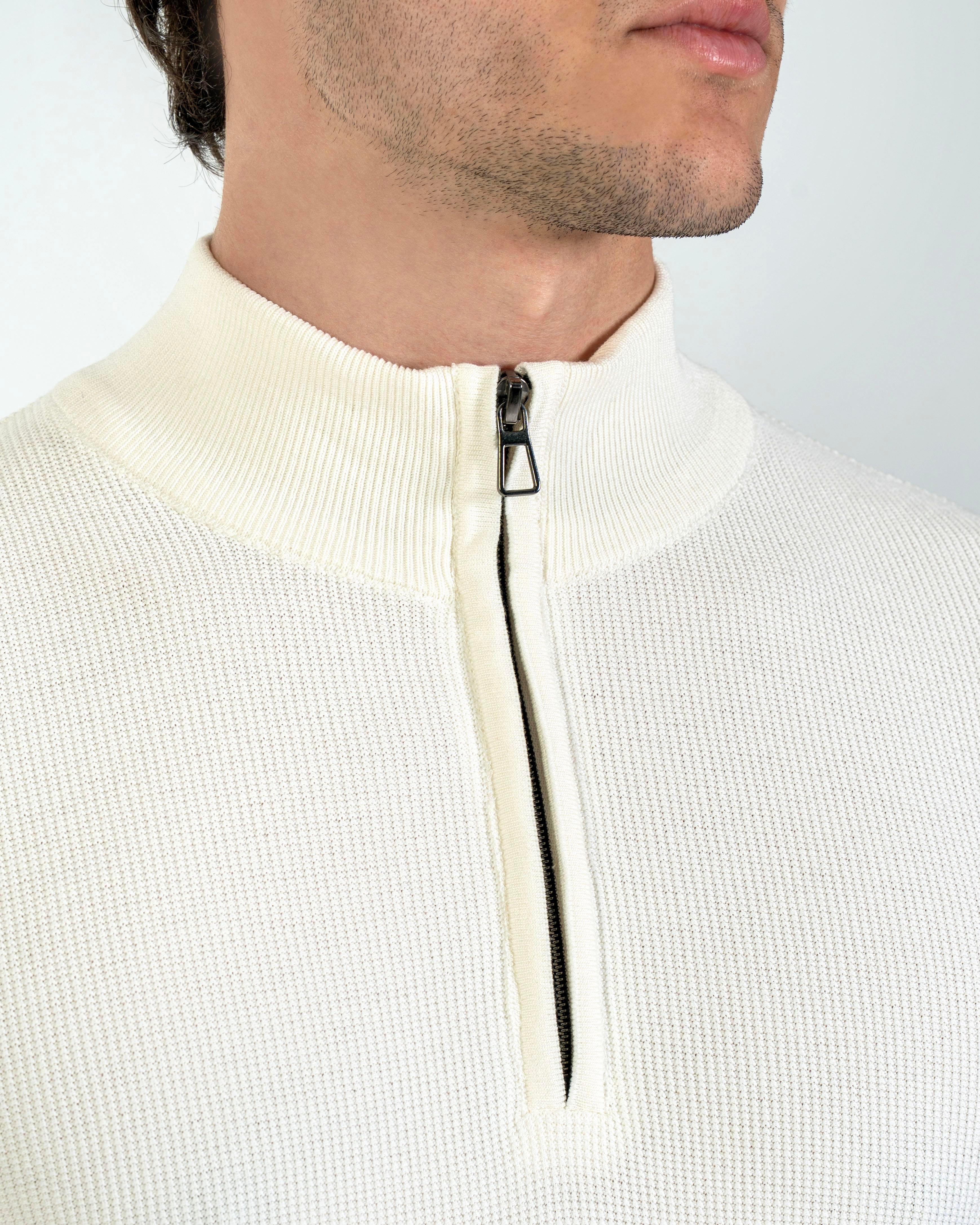 İtalyan stil slim fit fermuarlı yarım balıkçıl triko erkek kazak ekru T13532