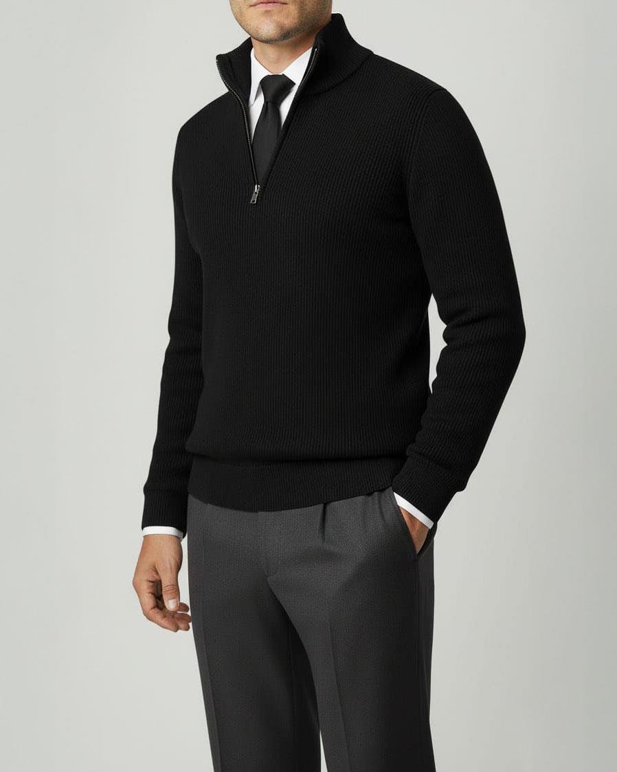 İtalyan stil slim fit fermuarlı yarım balıkçıl triko erkek kazak siyah T13262