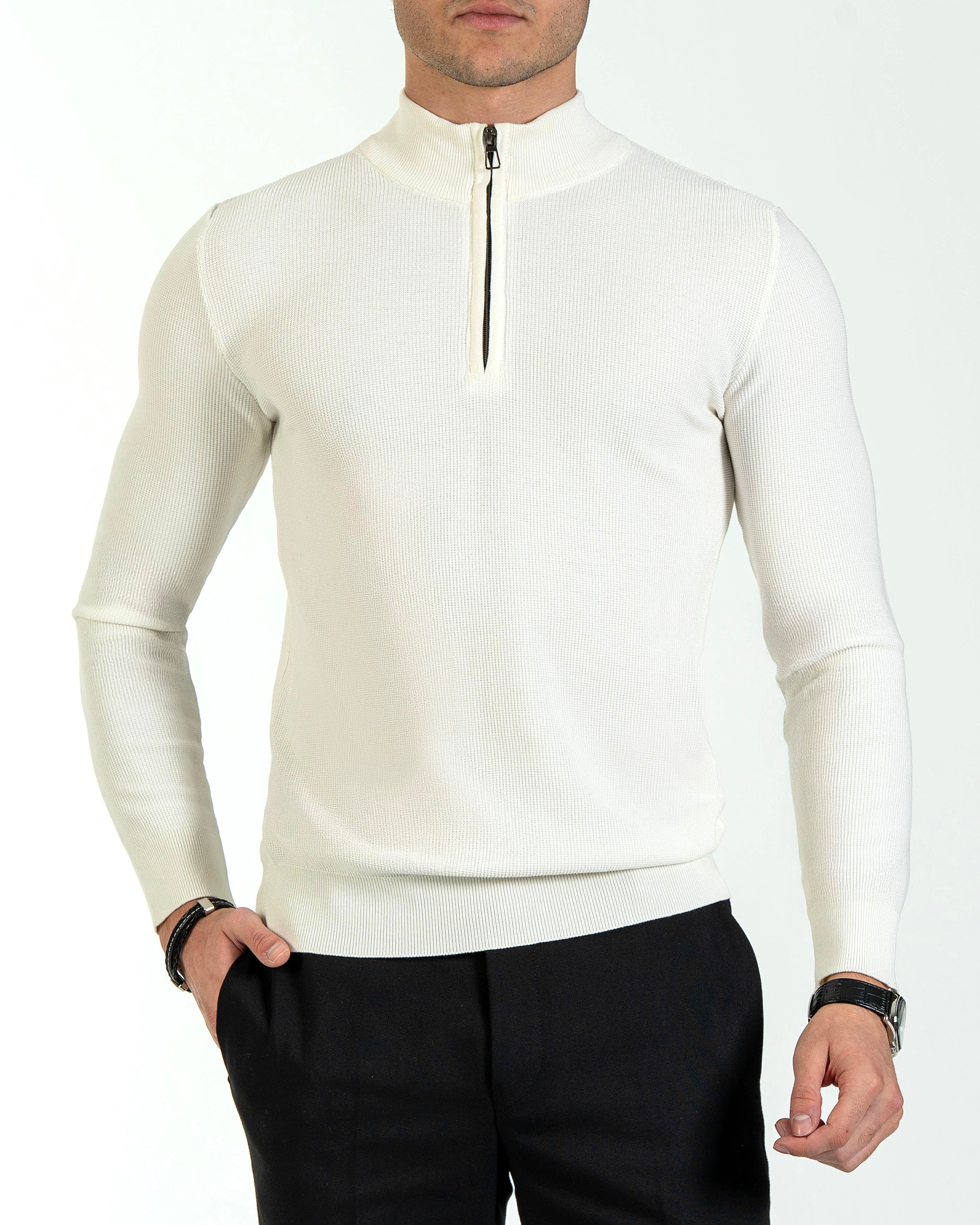 İtalyan stil slim fit fermuarlı yarım balıkçıl triko erkek kazak ekru T13532