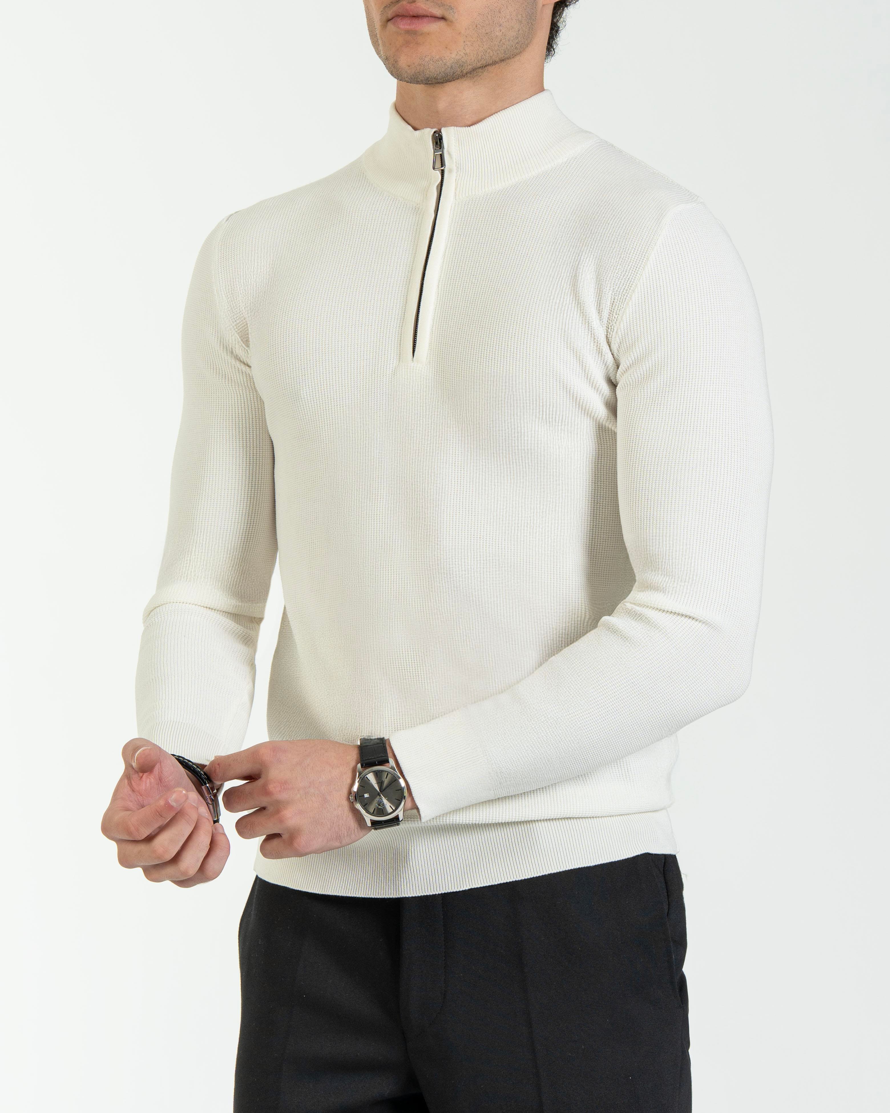İtalyan stil slim fit fermuarlı yarım balıkçıl triko erkek kazak ekru T13532