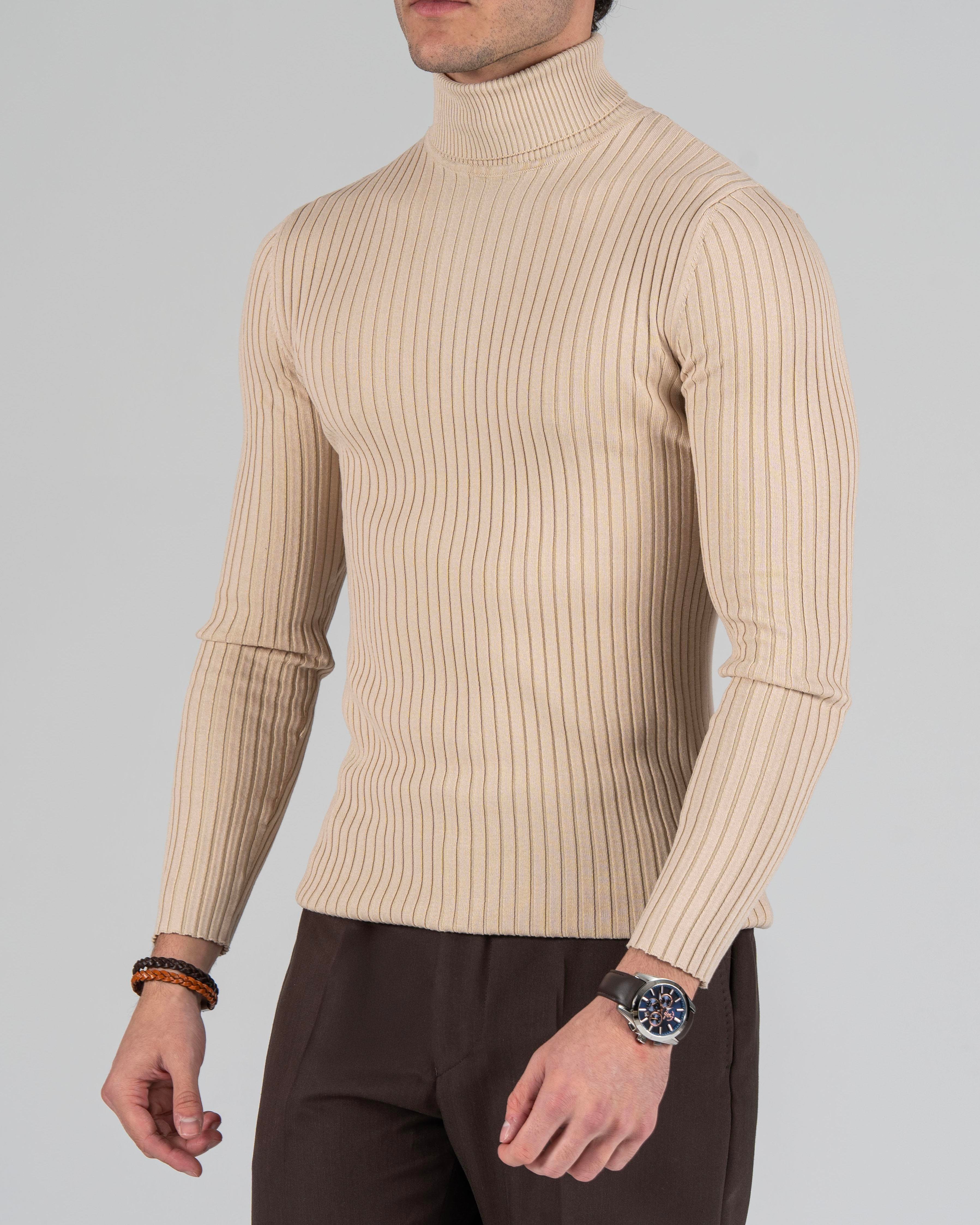 İtalyan stil slim fit fitilli boğazlı triko erkek kazak bej T10617