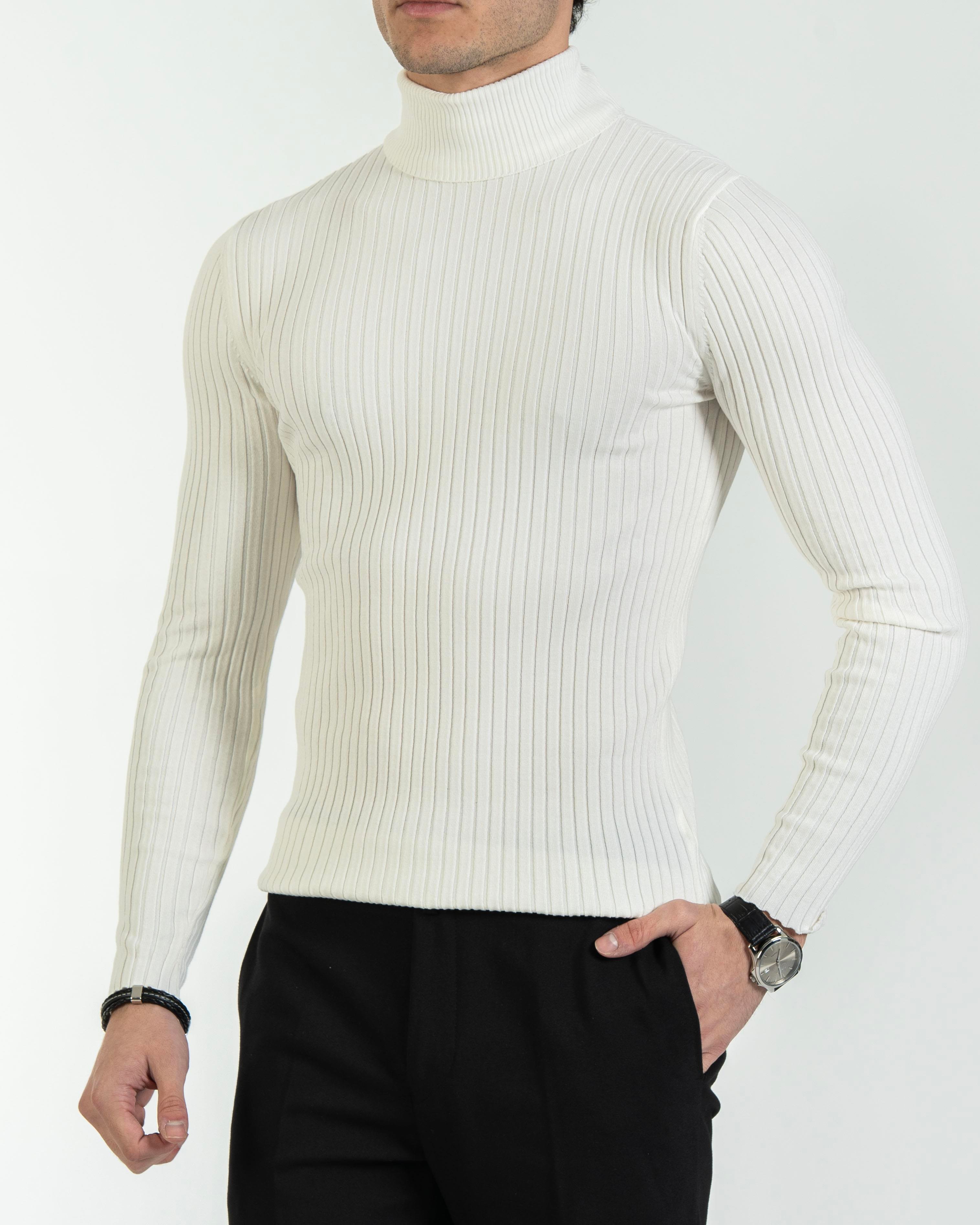 İtalyan stil slim fit fitilli boğazlı triko erkek kazak ekru T10623