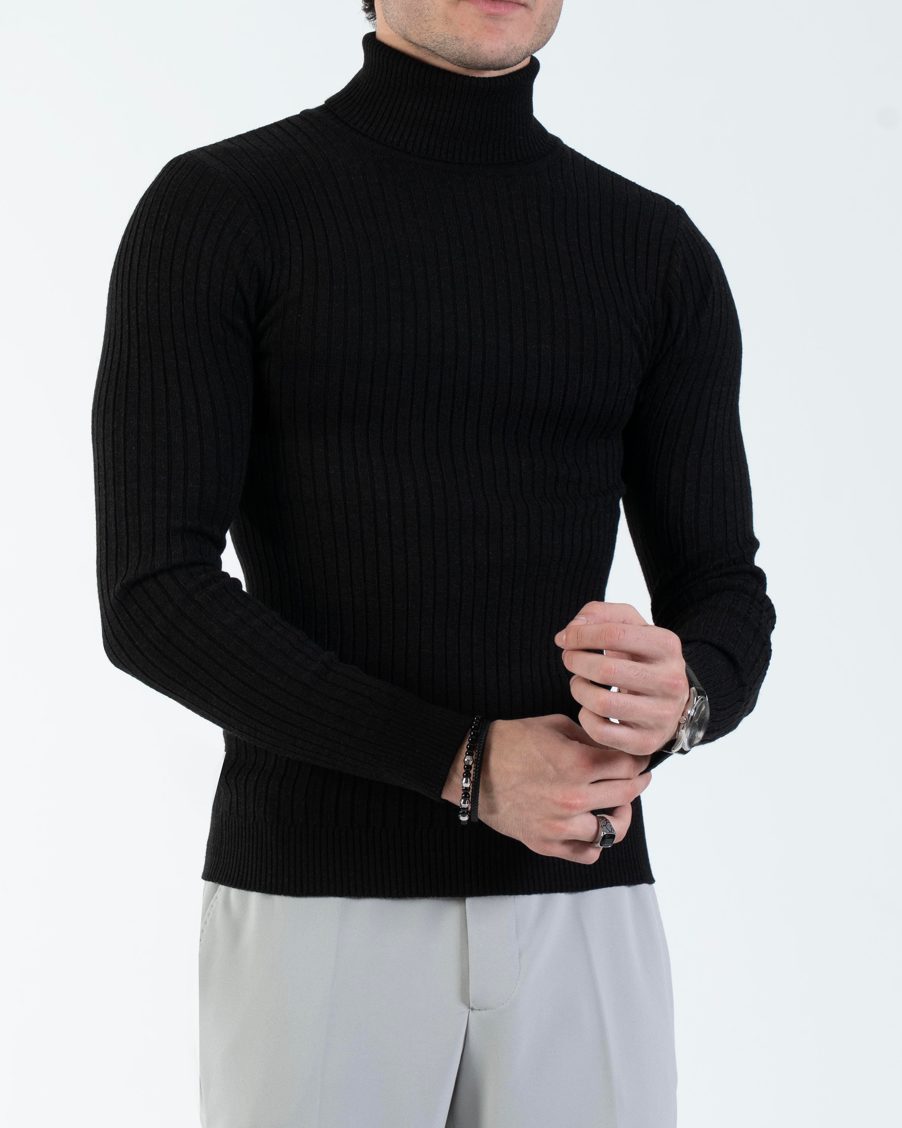 İtalyan stil slim fit fitilli boğazlı triko erkek kazak siyah T13148