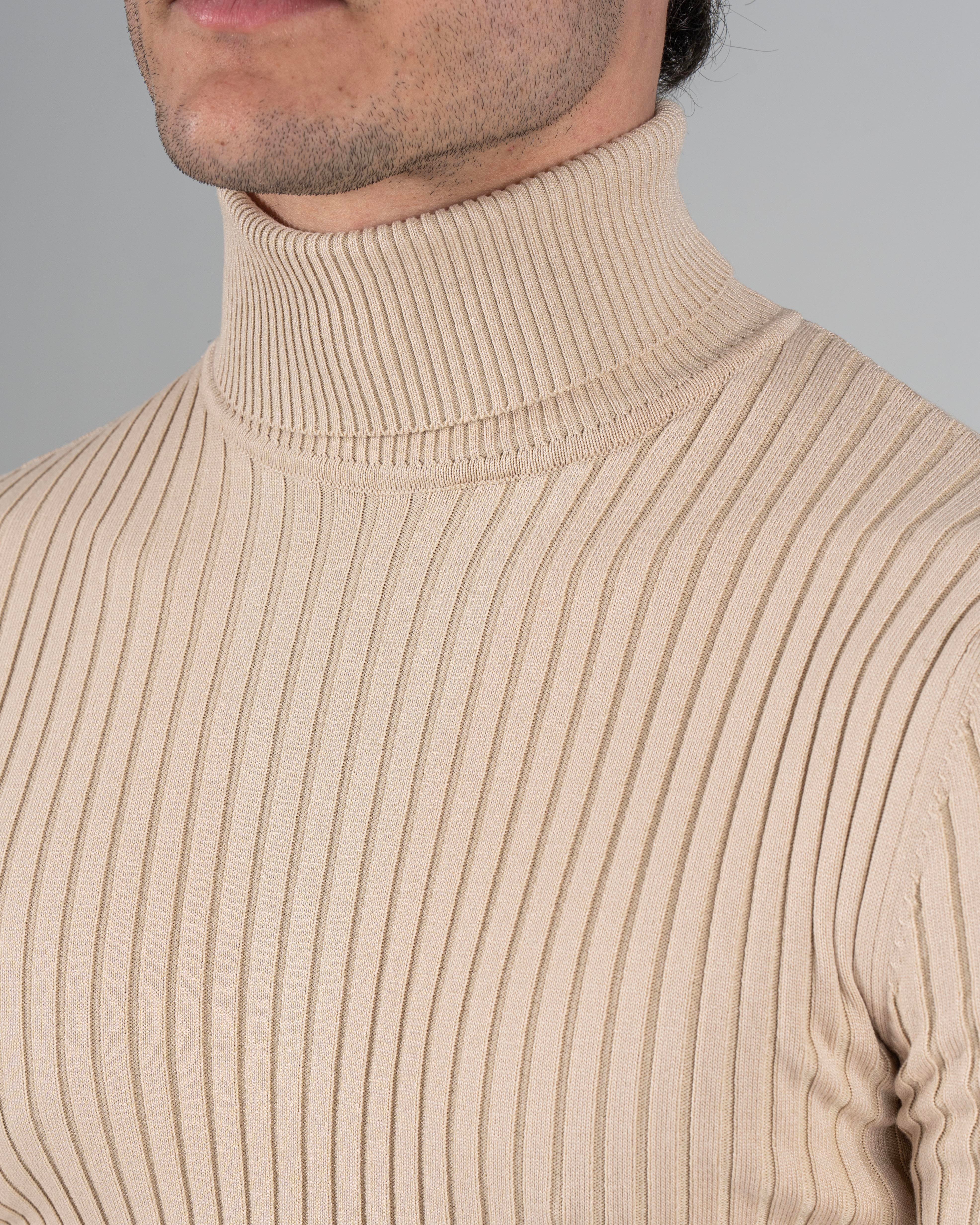 İtalyan stil slim fit fitilli boğazlı triko erkek kazak bej T10617