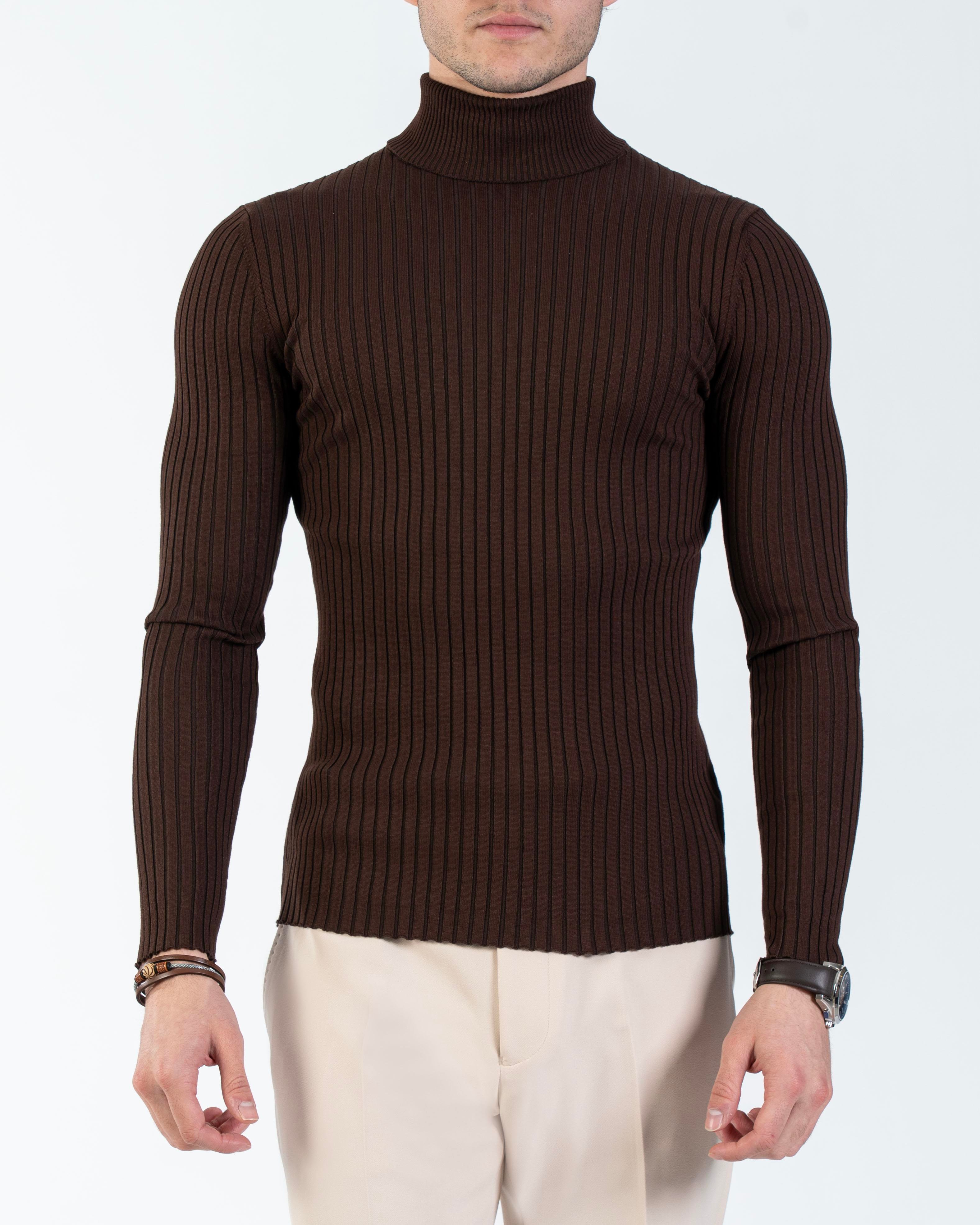 İtalyan stil slim fit fitilli boğazlı triko erkek kazak kiremit T10616