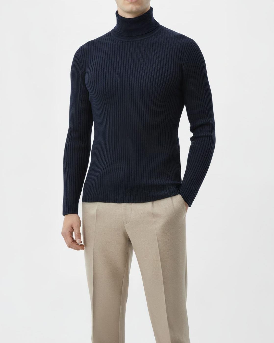 İtalyan stil slim fit fitilli boğazlı triko erkek kazak lacivert T10618