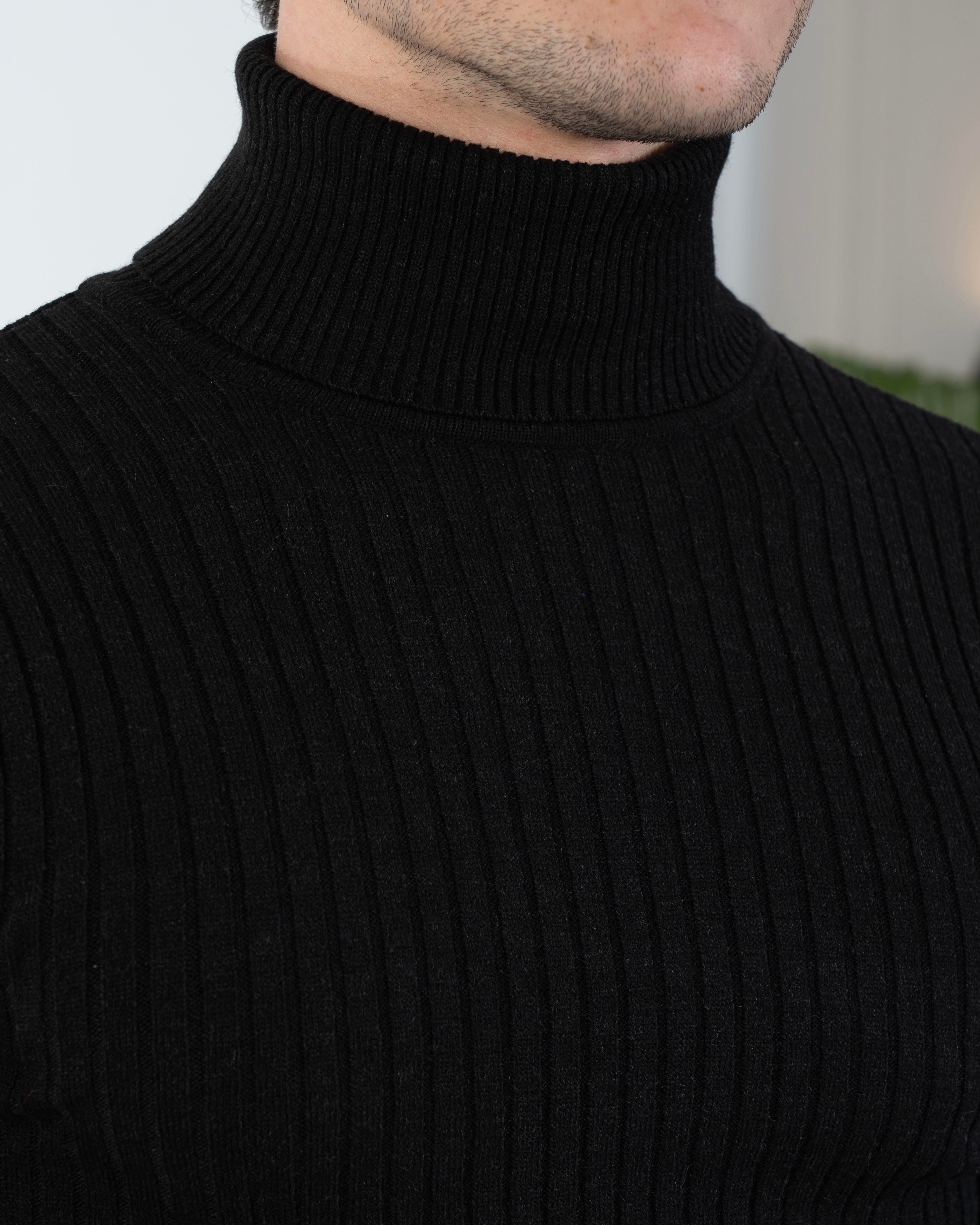 İtalyan stil slim fit fitilli boğazlı triko erkek kazak siyah T13148