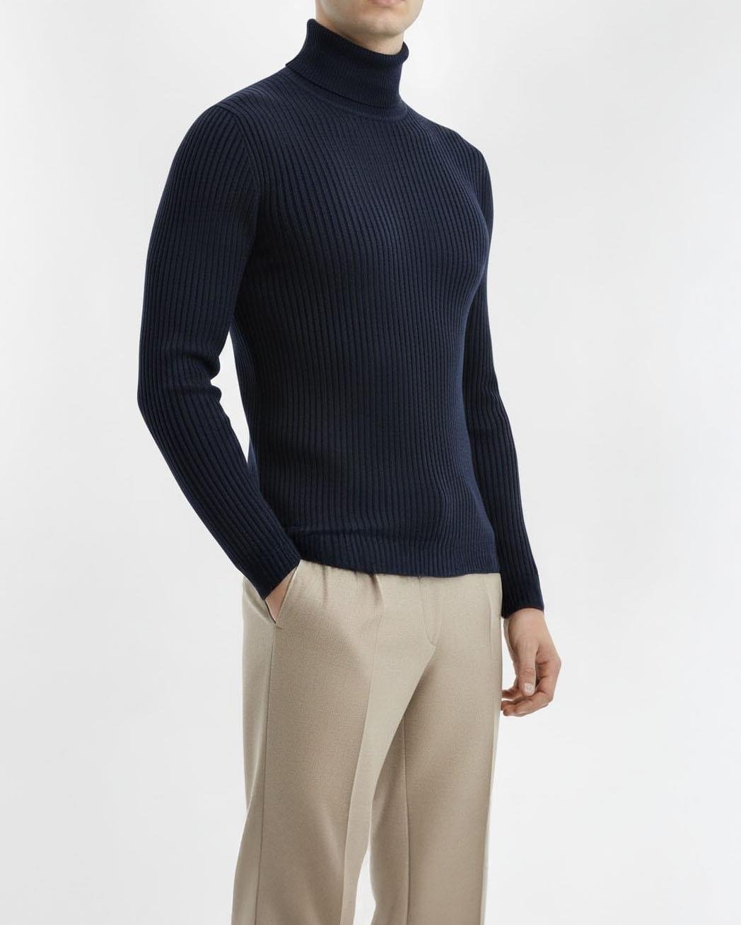 İtalyan stil slim fit fitilli boğazlı triko erkek kazak lacivert T10618