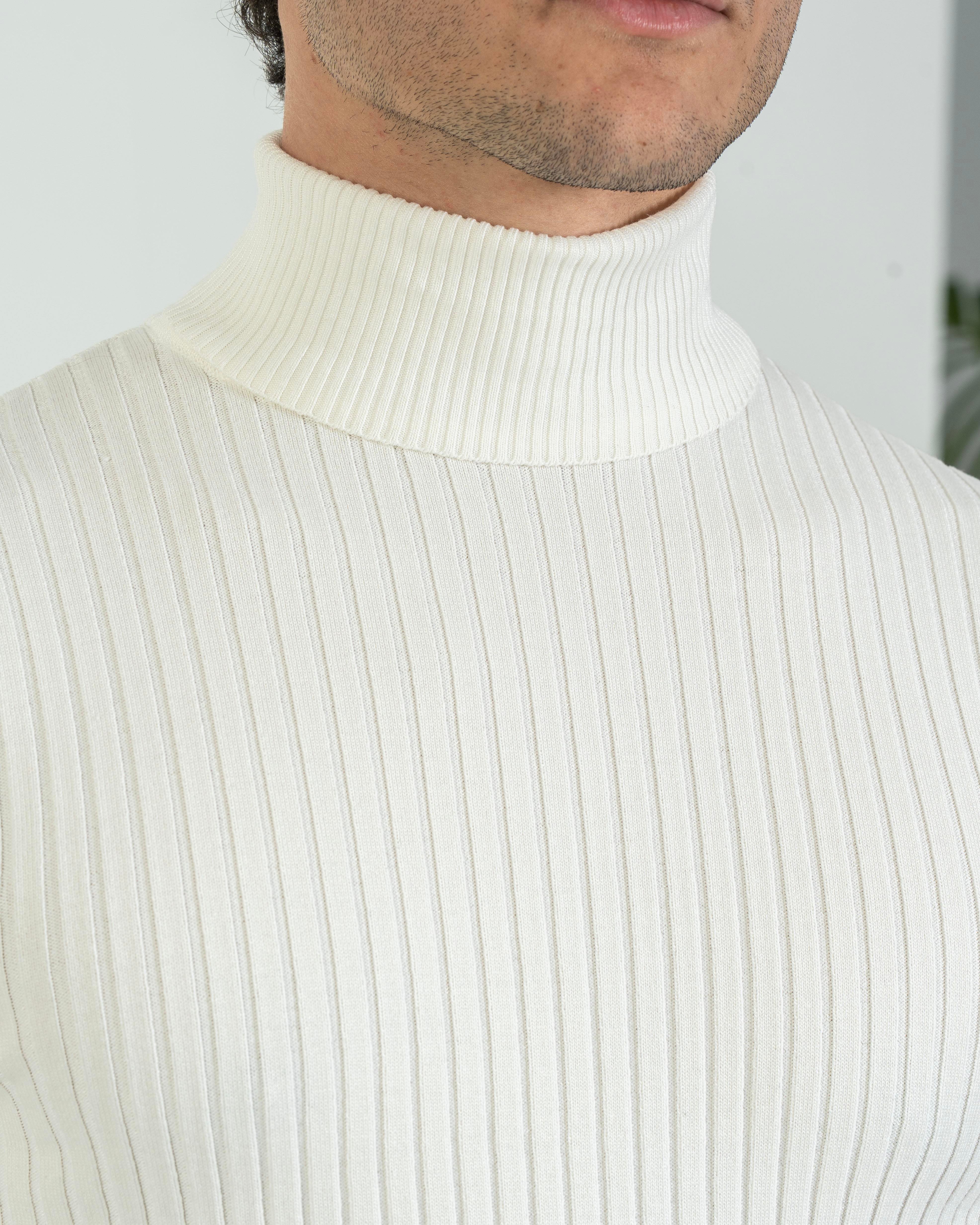 İtalyan stil slim fit fitilli boğazlı triko erkek kazak ekru T10623