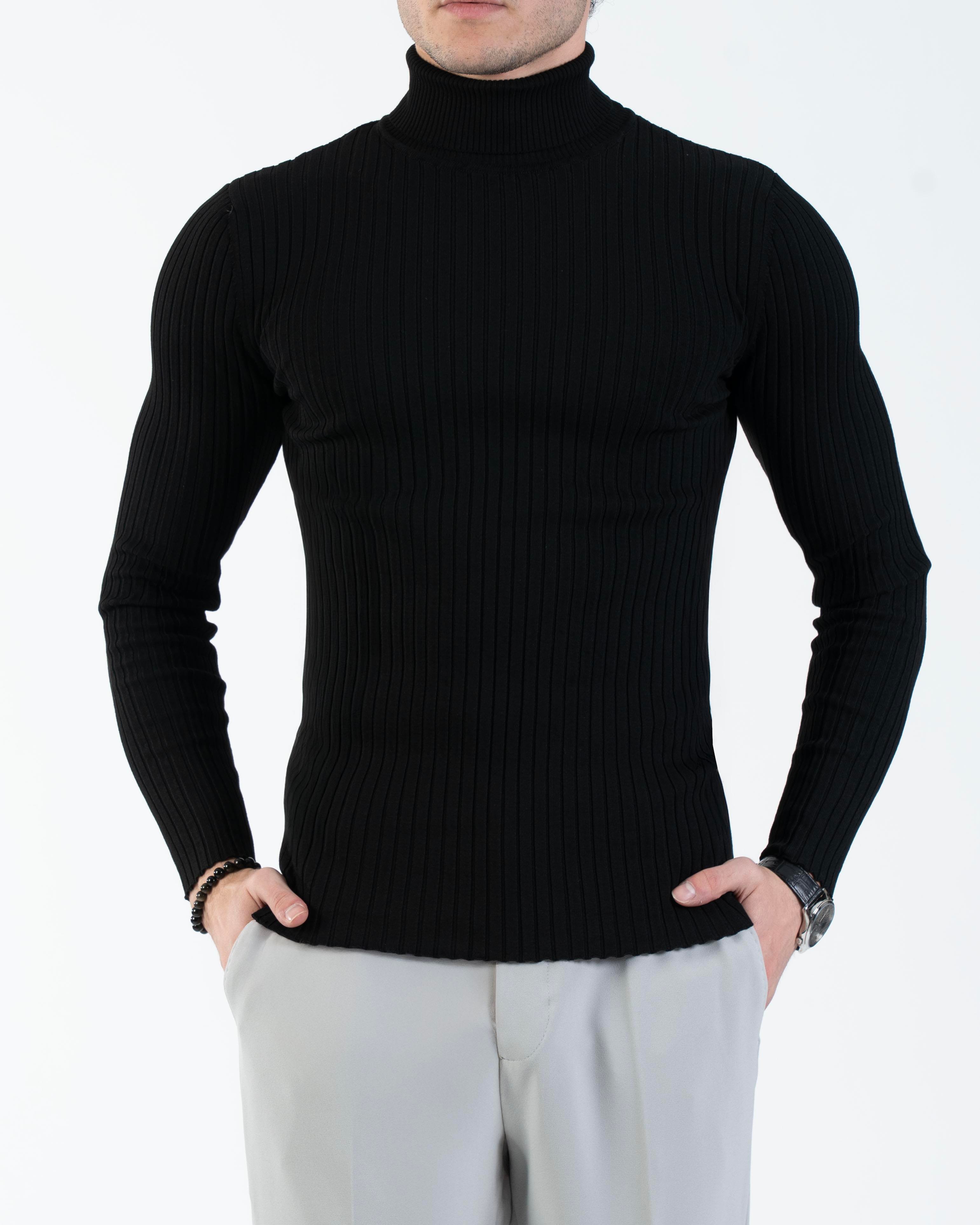 İtalyan stil slim fit fitilli boğazlı triko erkek kazak siyah T10622