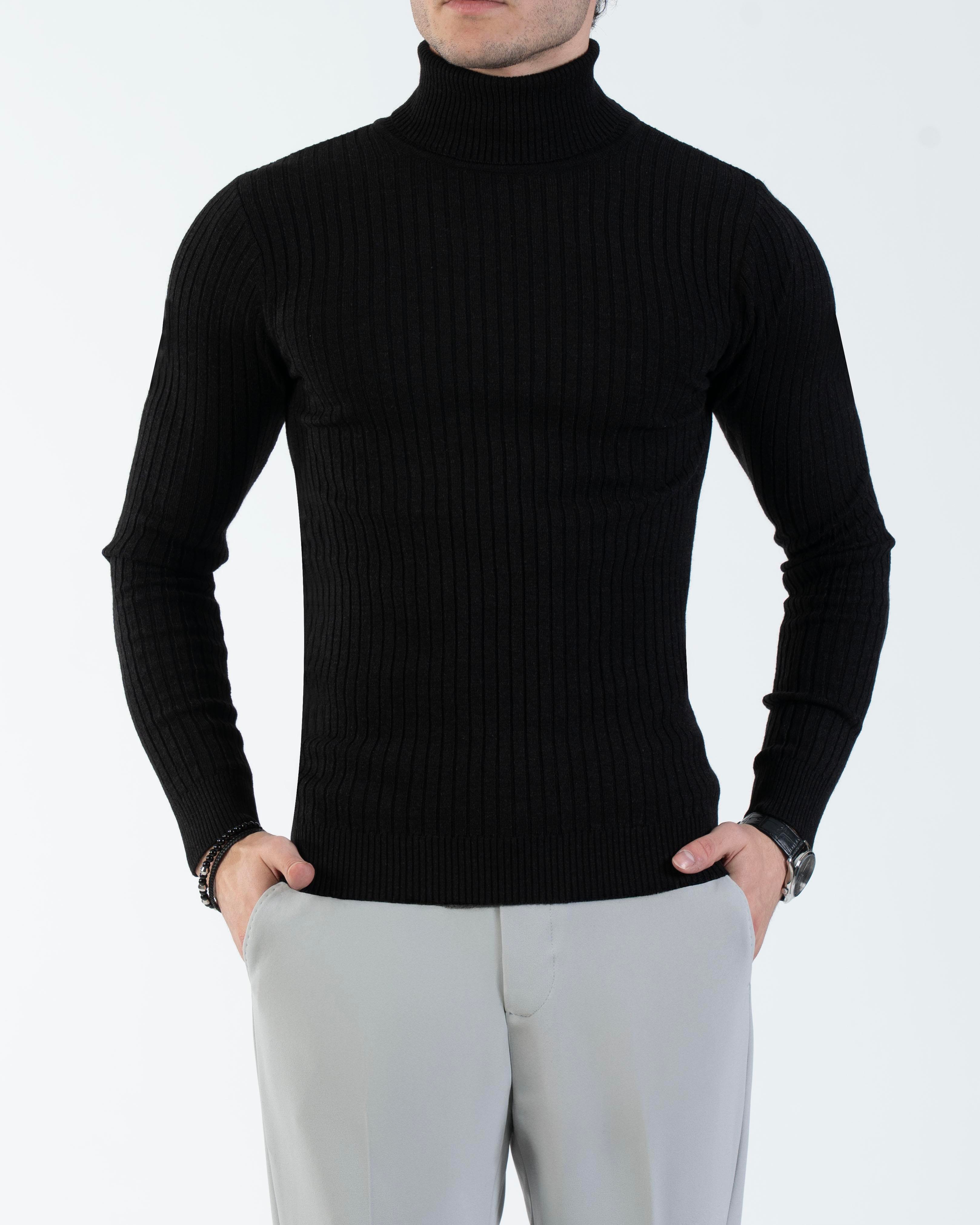 İtalyan stil slim fit fitilli boğazlı triko erkek kazak siyah T13148