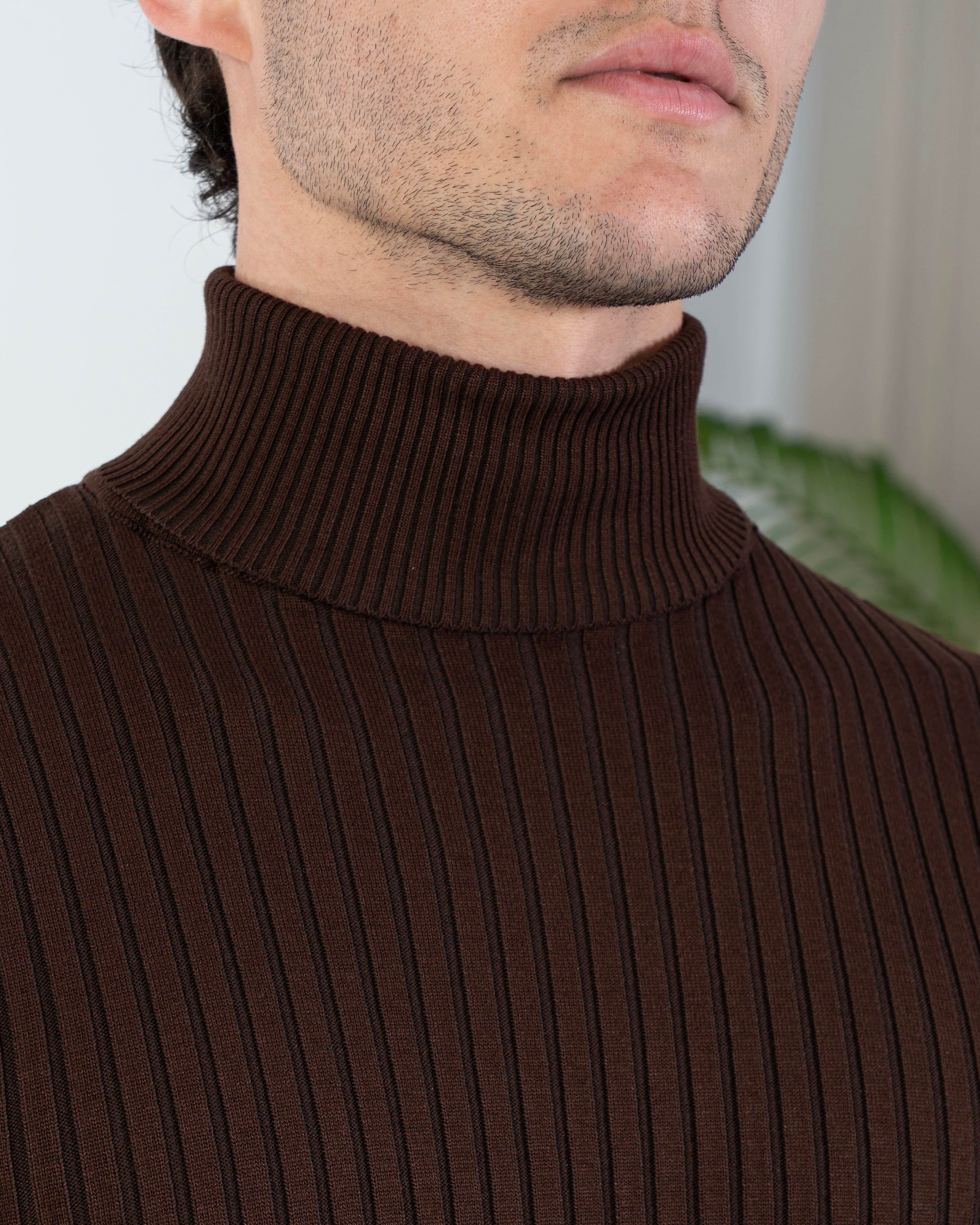 İtalyan stil slim fit fitilli boğazlı triko erkek kazak kiremit T10616