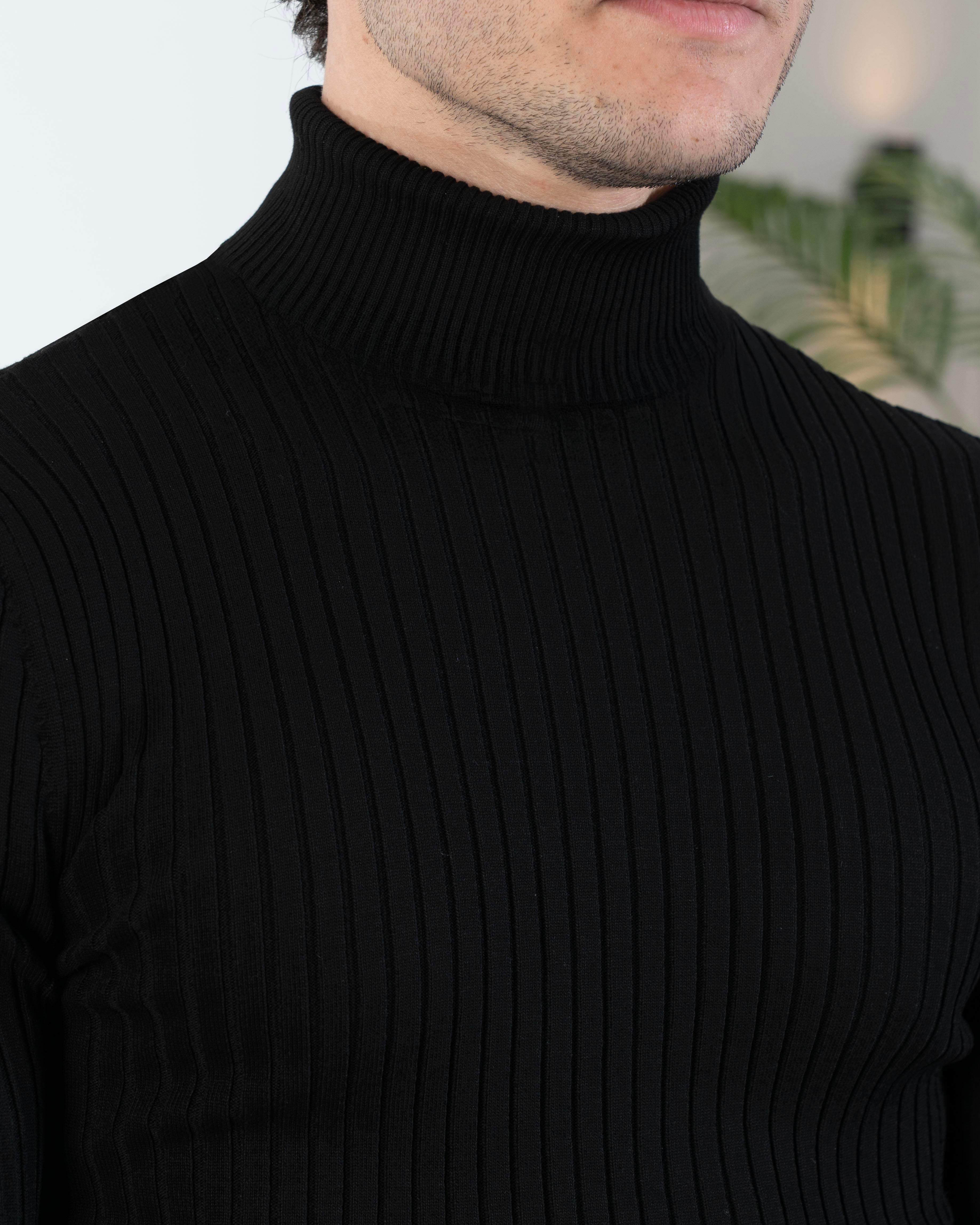 İtalyan stil slim fit fitilli boğazlı triko erkek kazak siyah T10622