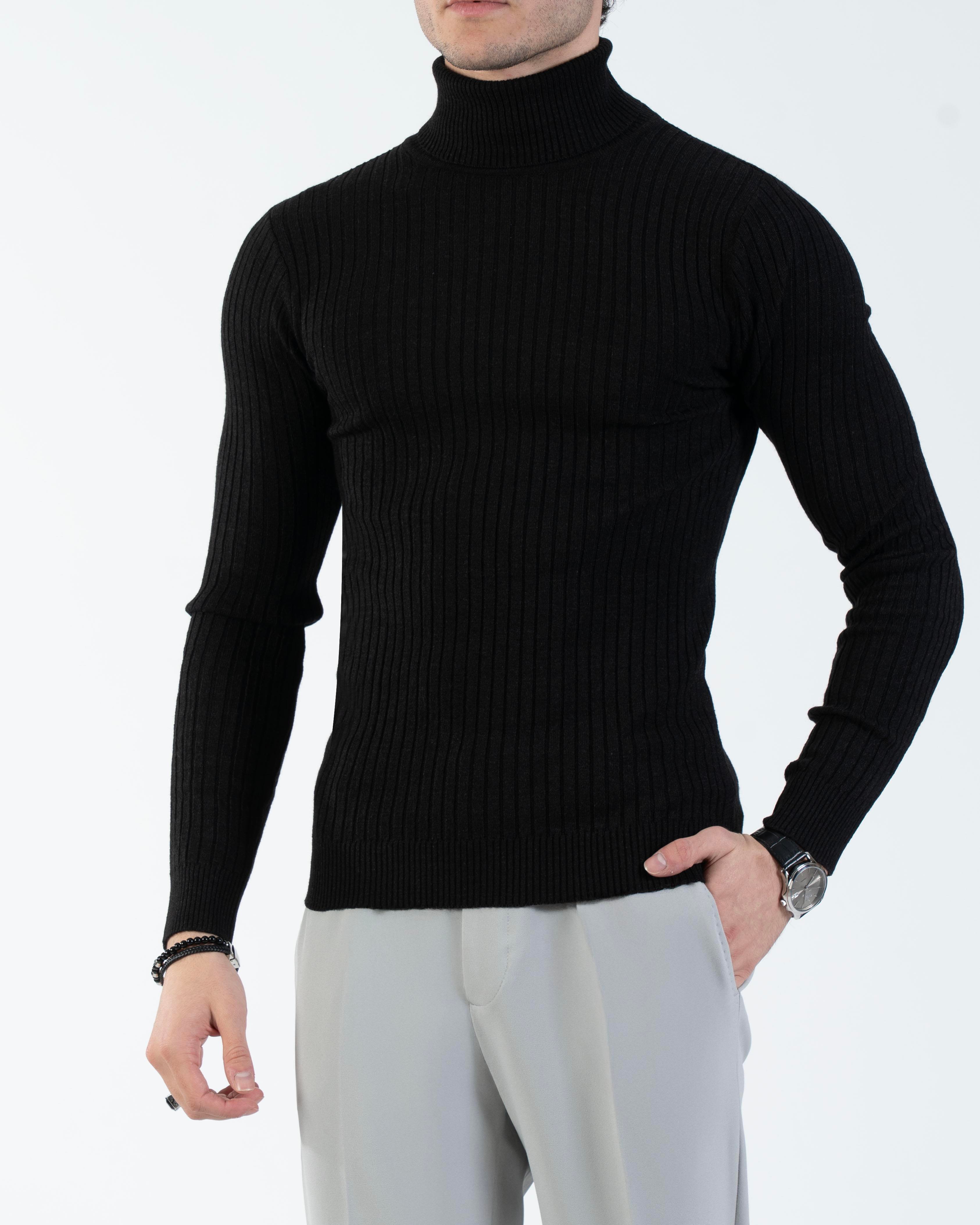 İtalyan stil slim fit fitilli boğazlı triko erkek kazak siyah T13148