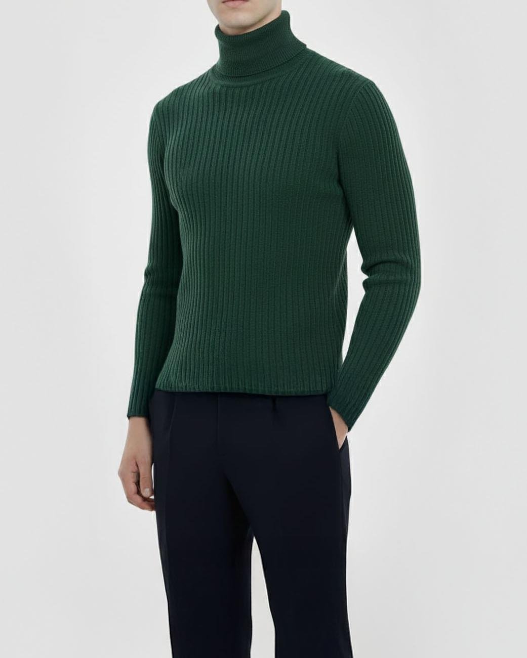 İtalyan stil slim fit fitilli erkek triko kazak yeşil T13271