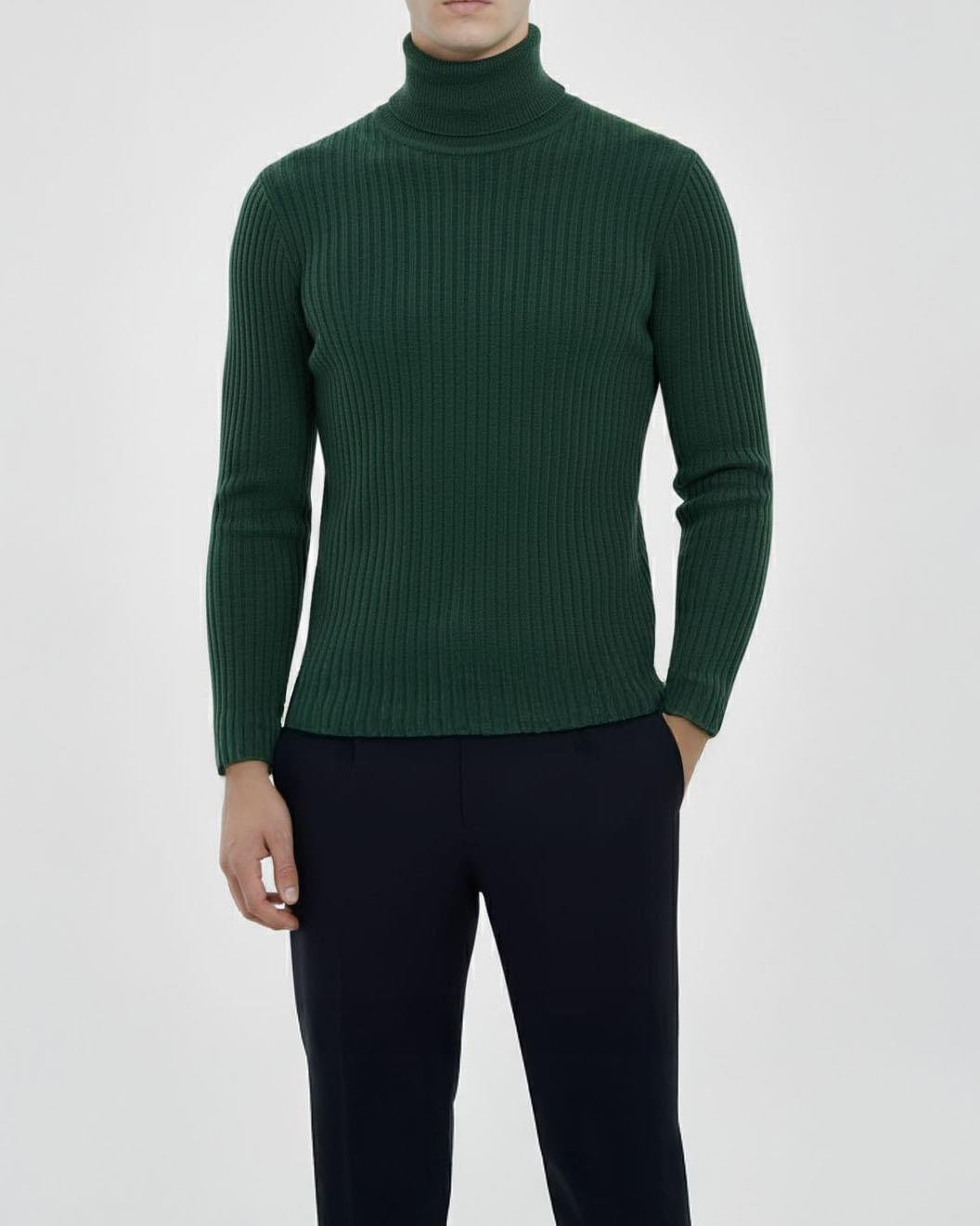 İtalyan stil slim fit fitilli erkek triko kazak yeşil T13271